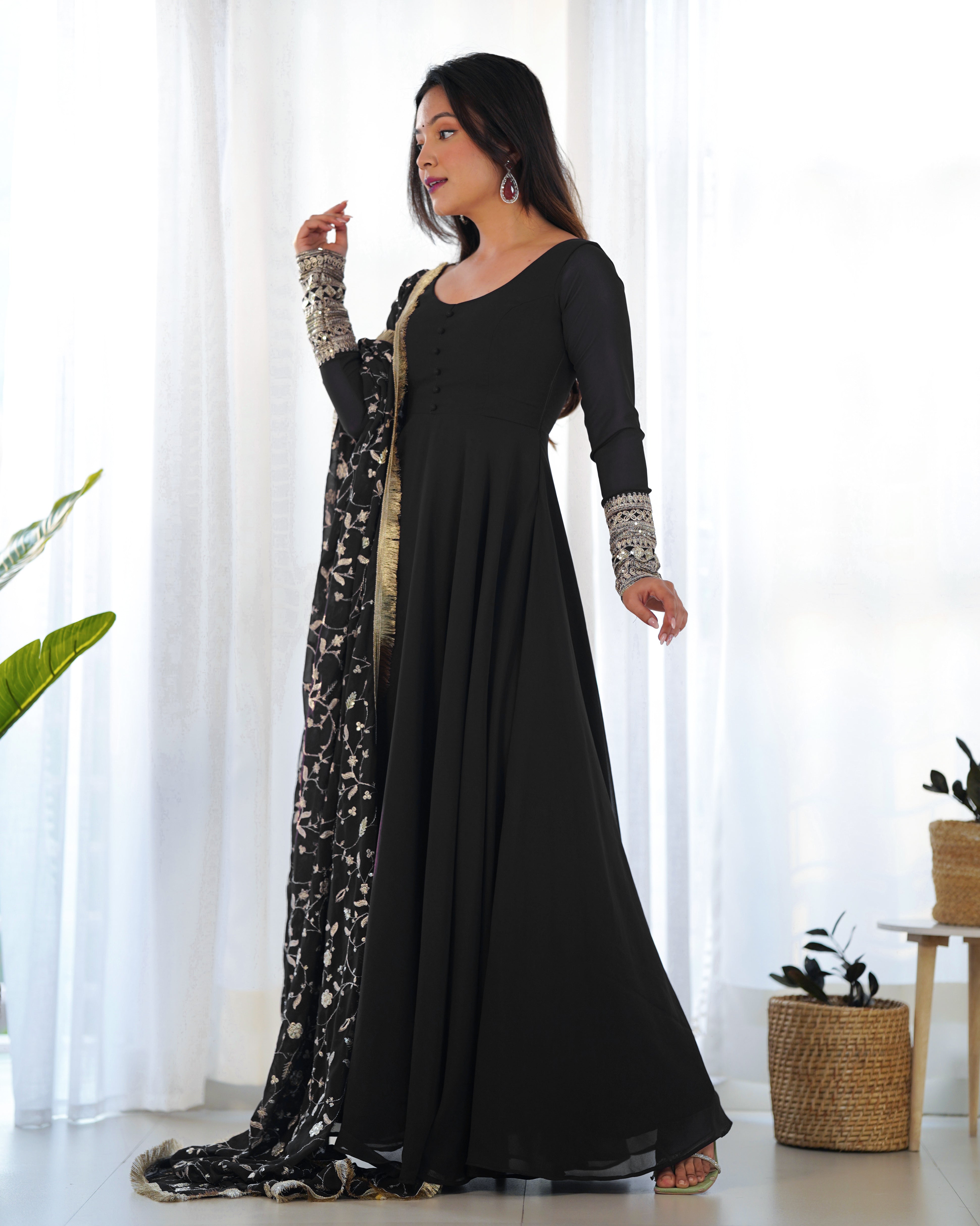Festive Black Color Soft Georgette With Embroidery Work Dupatta Anarkali Gown