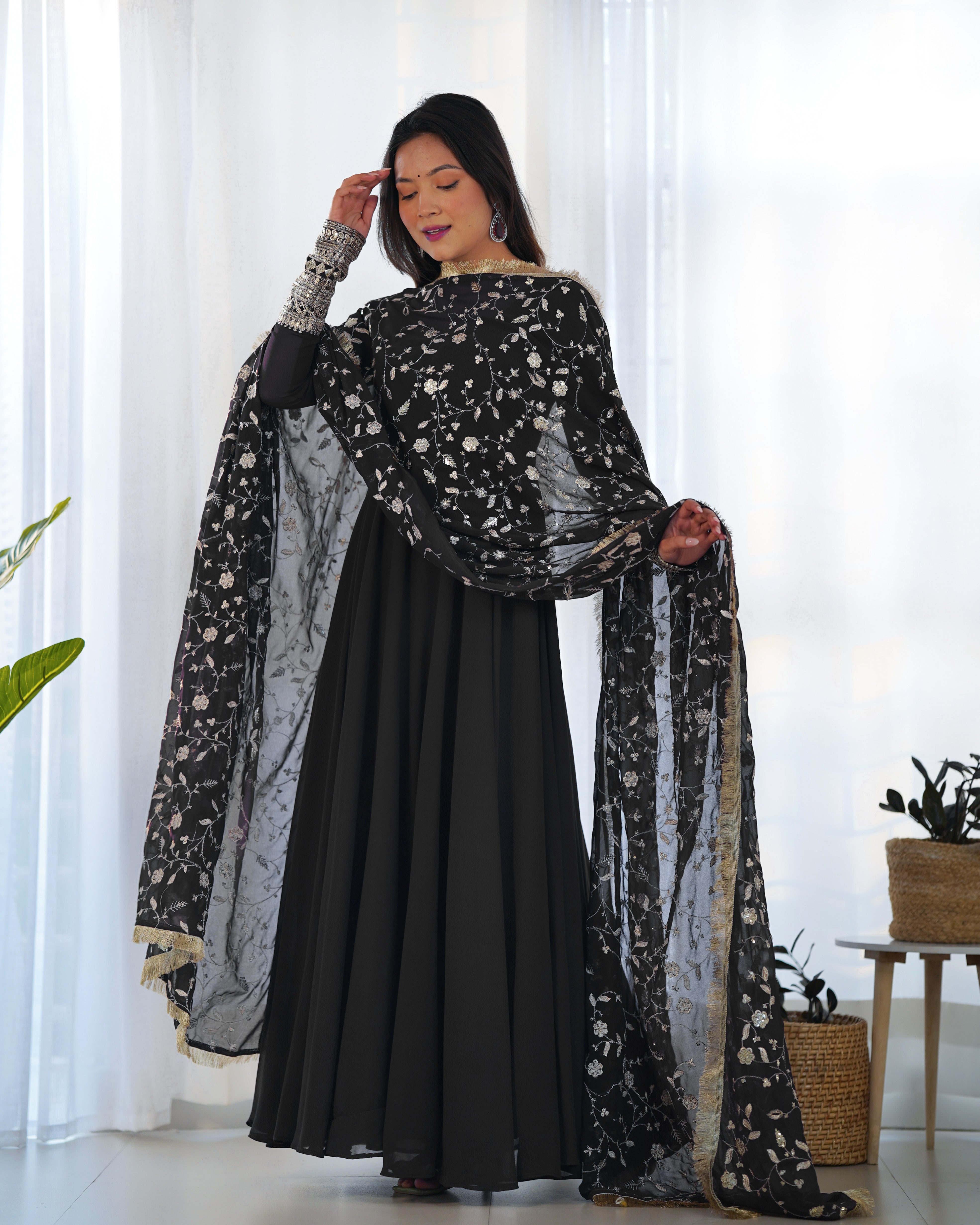 Festive Black Color Soft Georgette With Embroidery Work Dupatta Anarkali Gown
