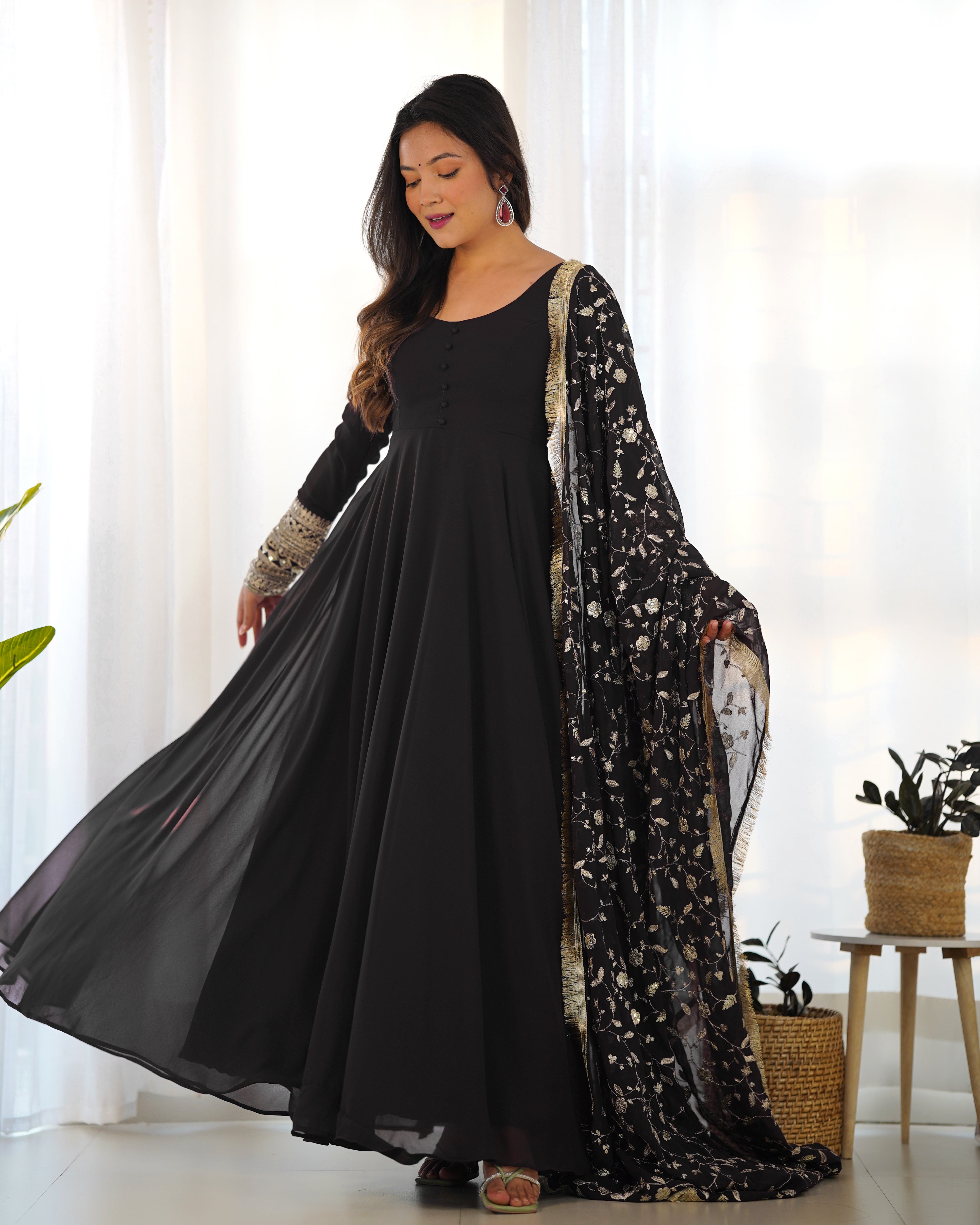 Festive Black Color Soft Georgette With Embroidery Work Dupatta Anarkali Gown