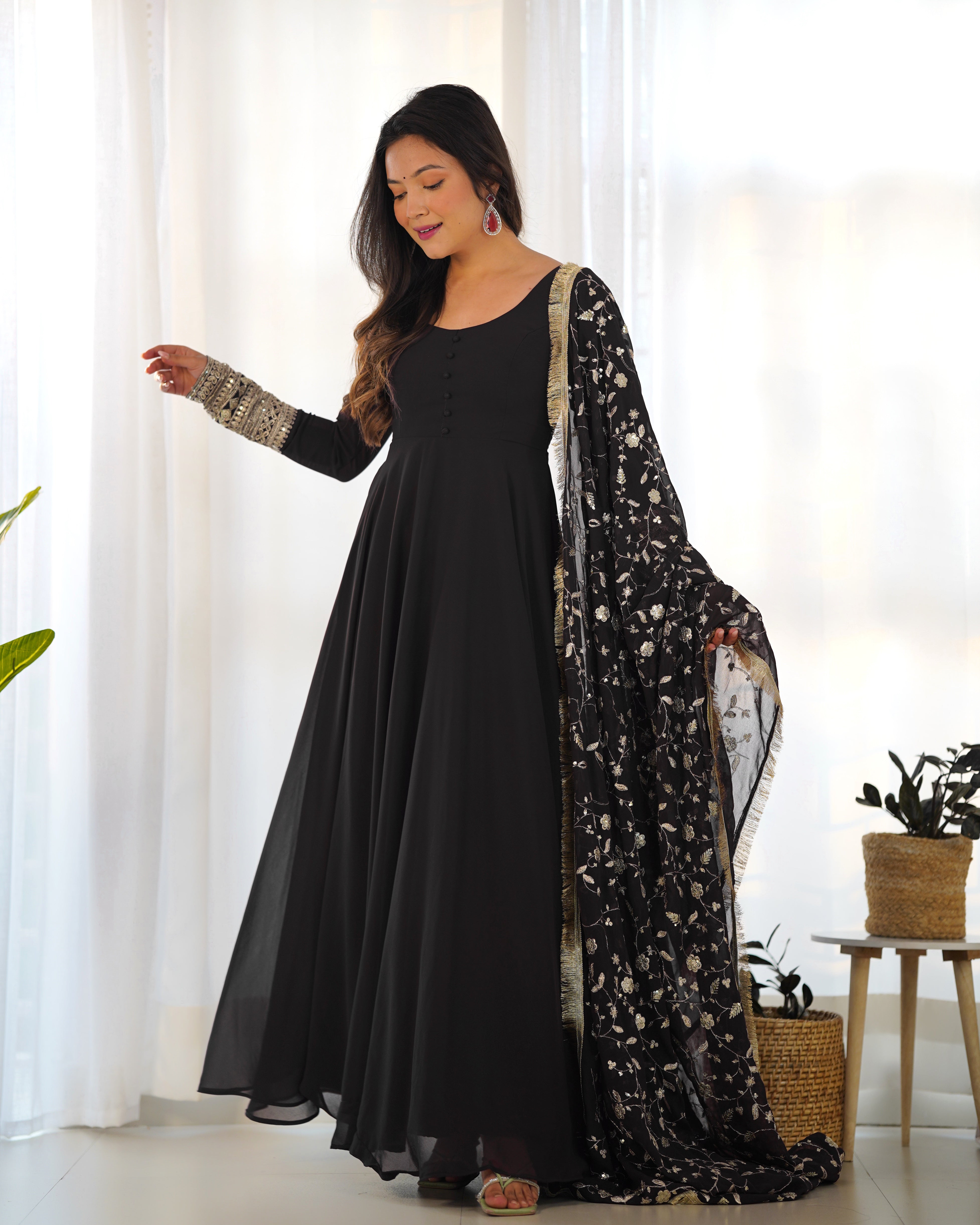 Festive Black Color Soft Georgette With Embroidery Work Dupatta Anarkali Gown