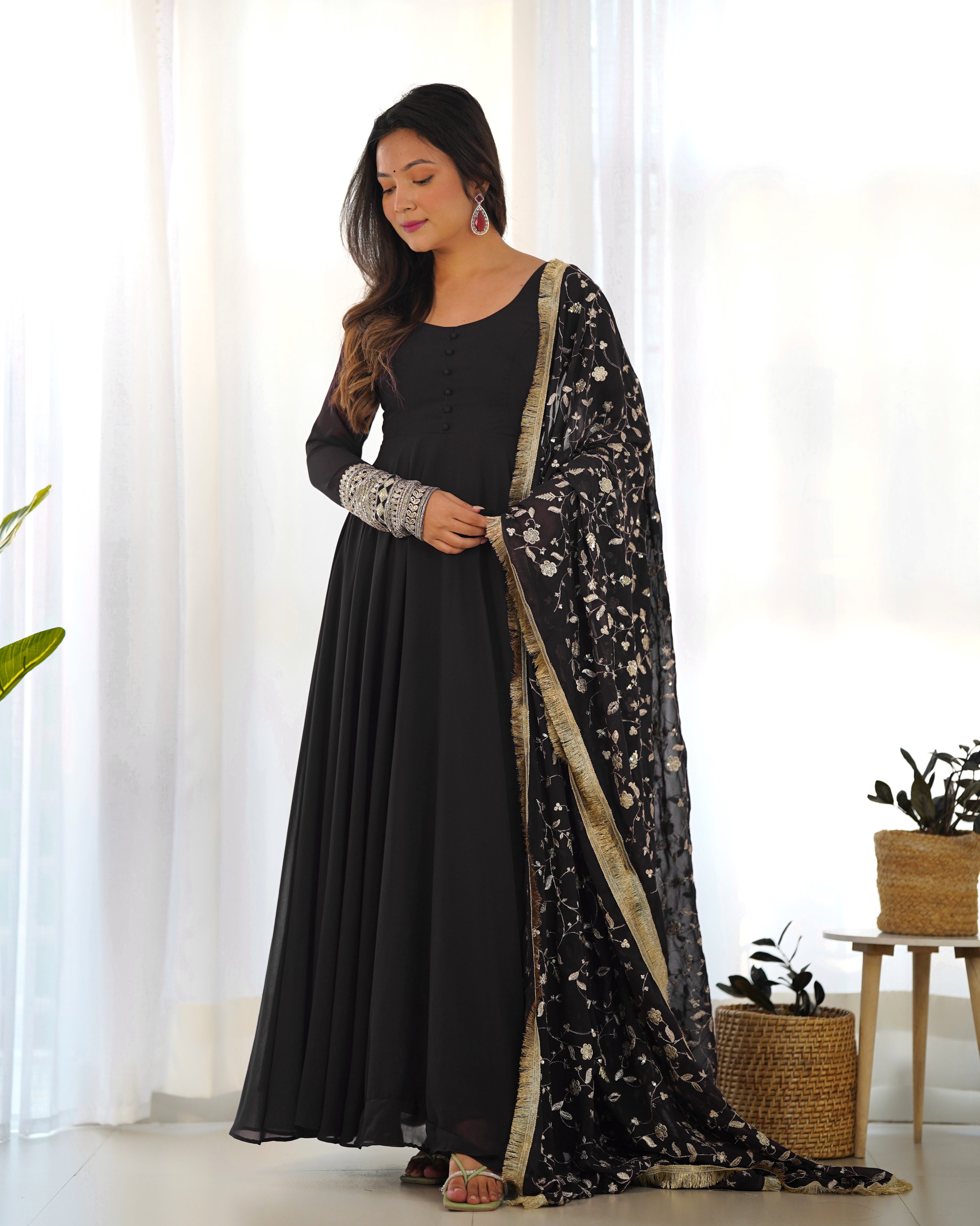 Festive Black Color Soft Georgette With Embroidery Work Dupatta Anarkali Gown