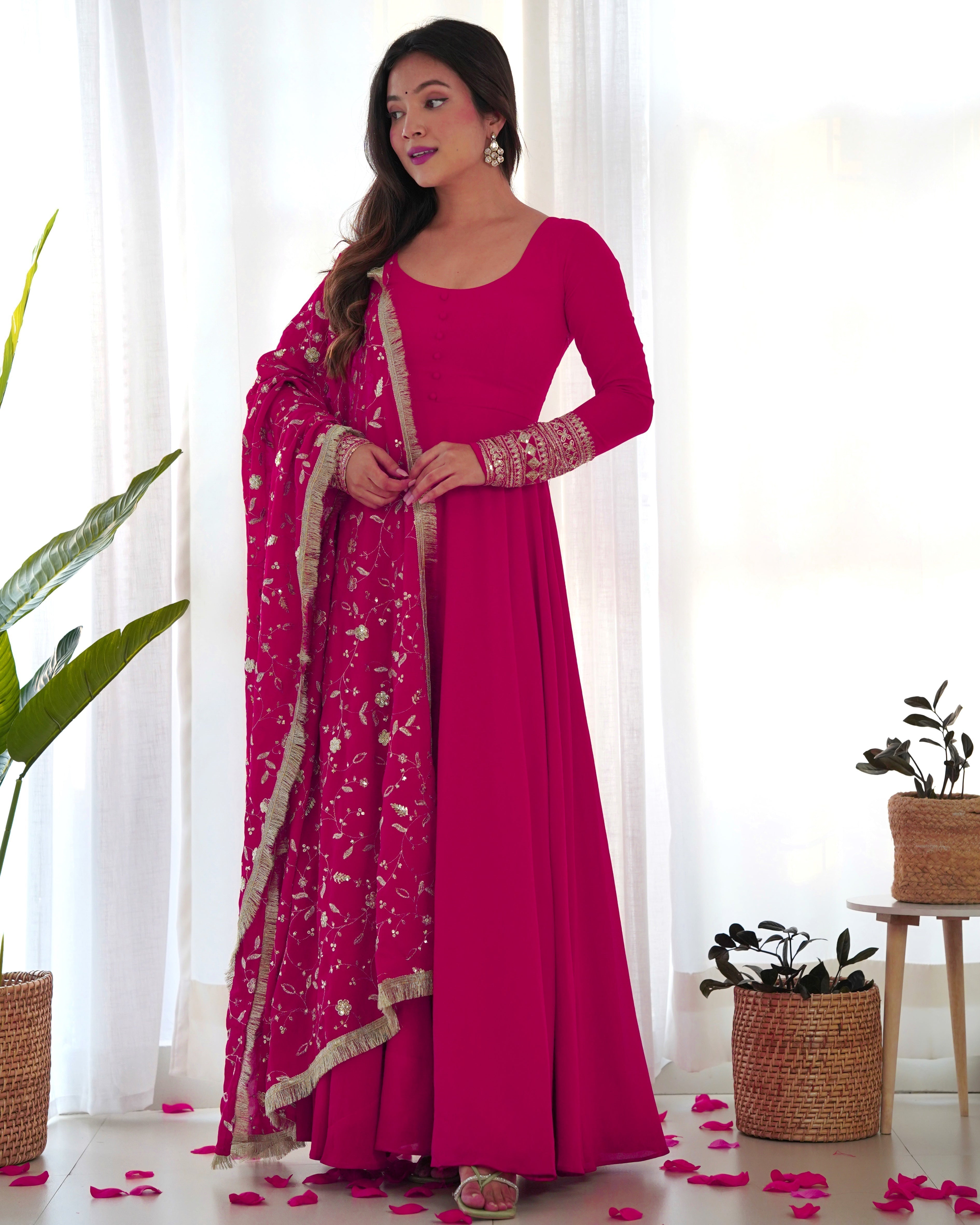 Function Wear Rani Pink Color Soft Georgette Anarkali Gown