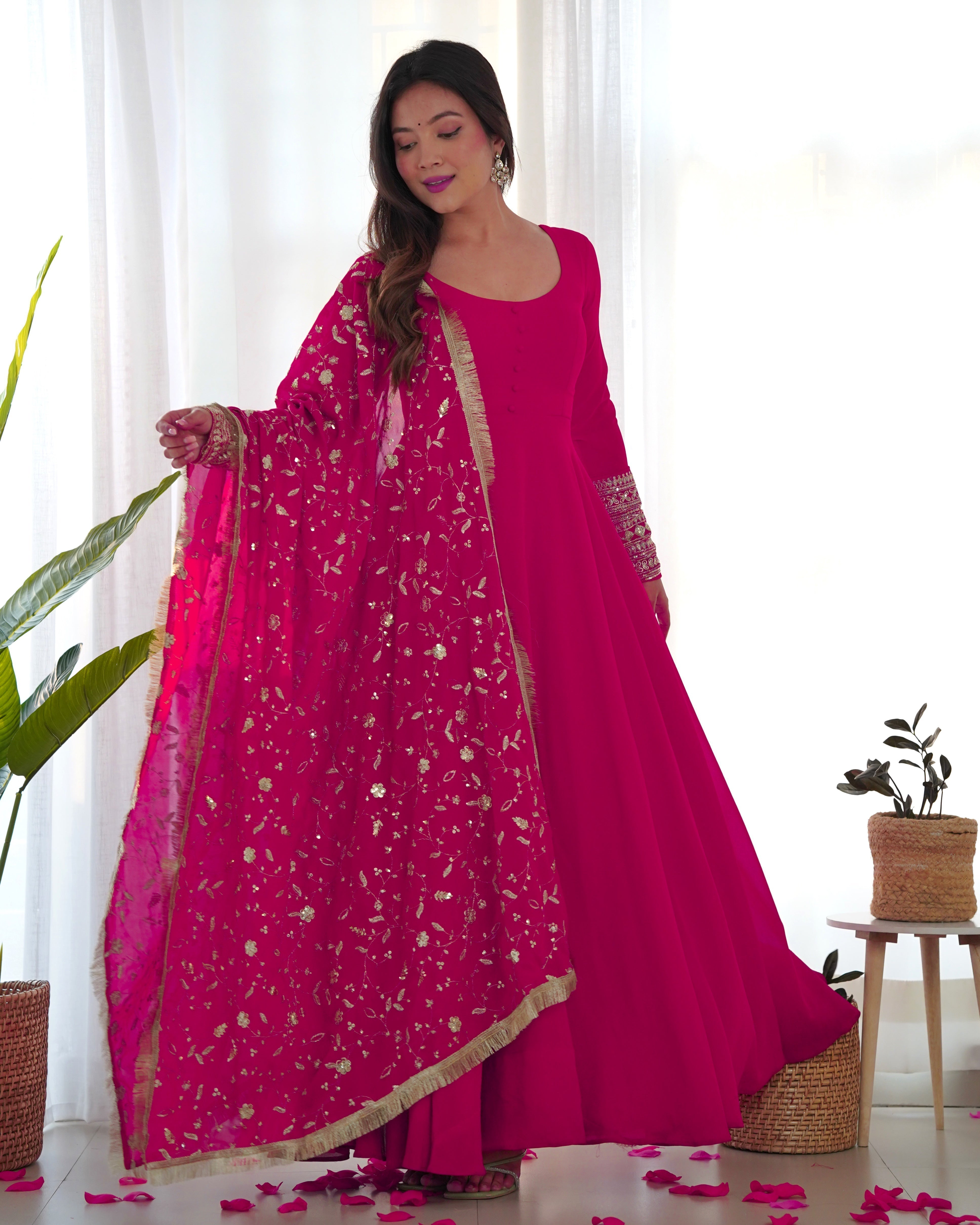 Function Wear Rani Pink Color Soft Georgette Anarkali Gown