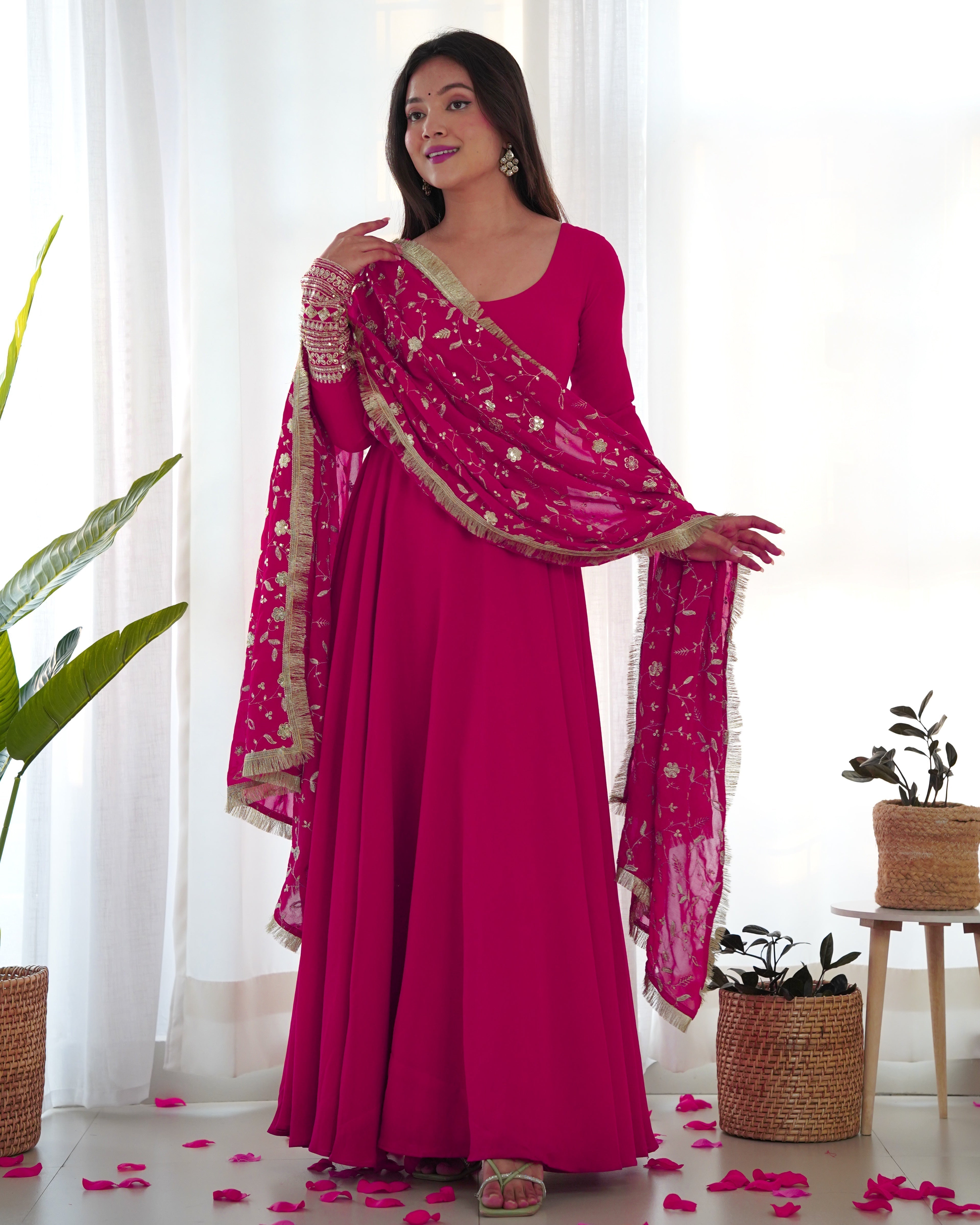 Function Wear Rani Pink Color Soft Georgette Anarkali Gown
