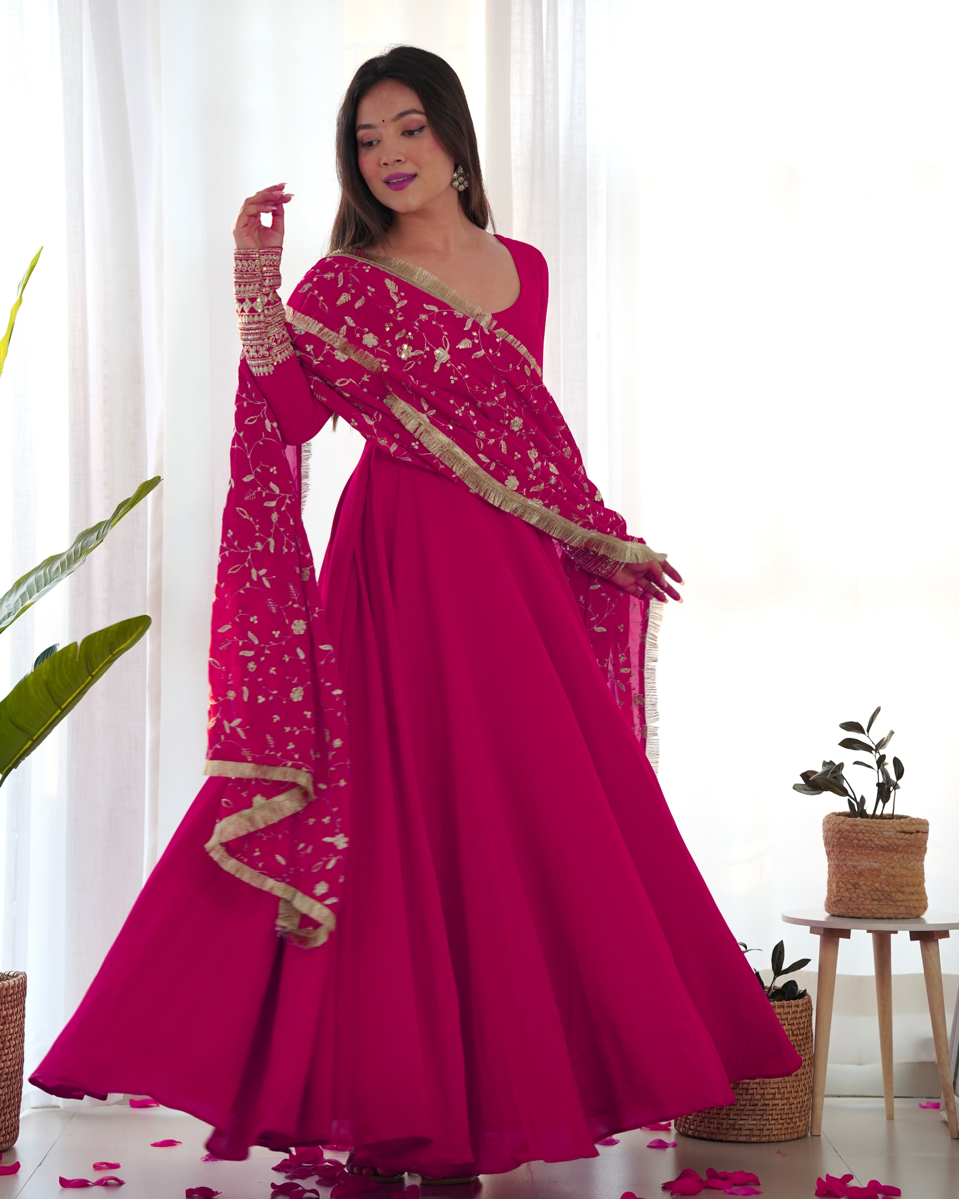 Function Wear Rani Pink Color Soft Georgette Anarkali Gown