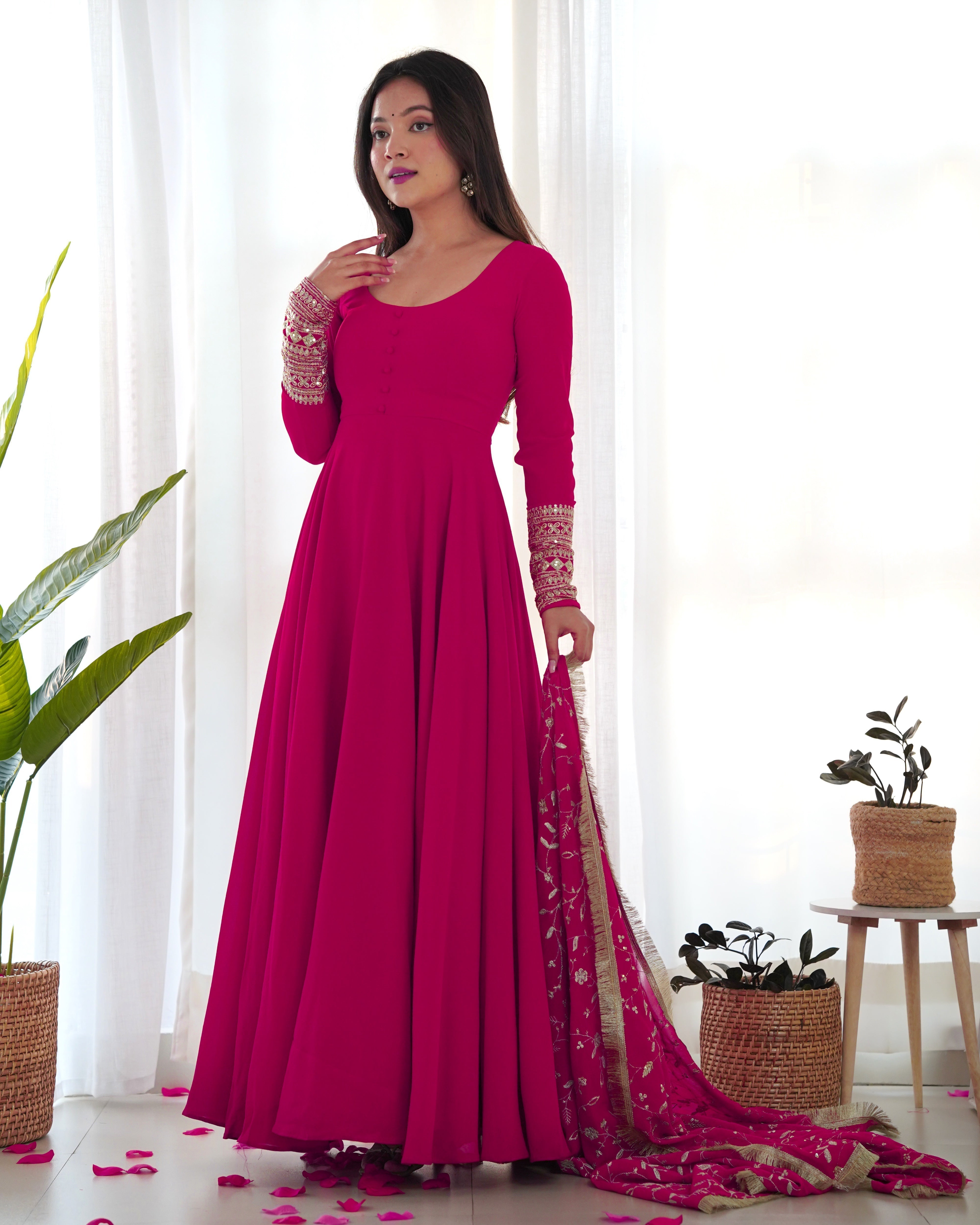 Function Wear Rani Pink Color Soft Georgette Anarkali Gown