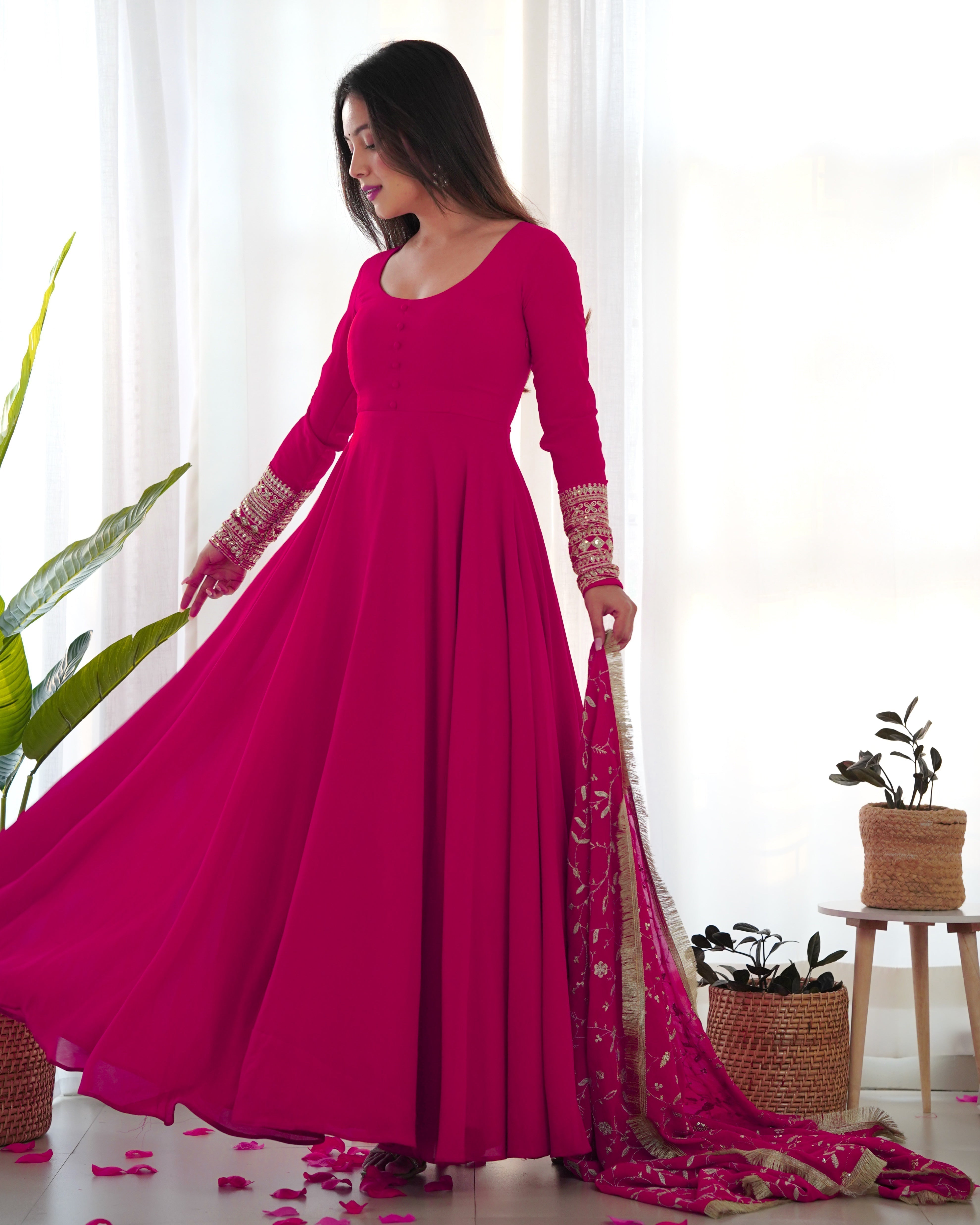 Function Wear Rani Pink Color Soft Georgette Anarkali Gown