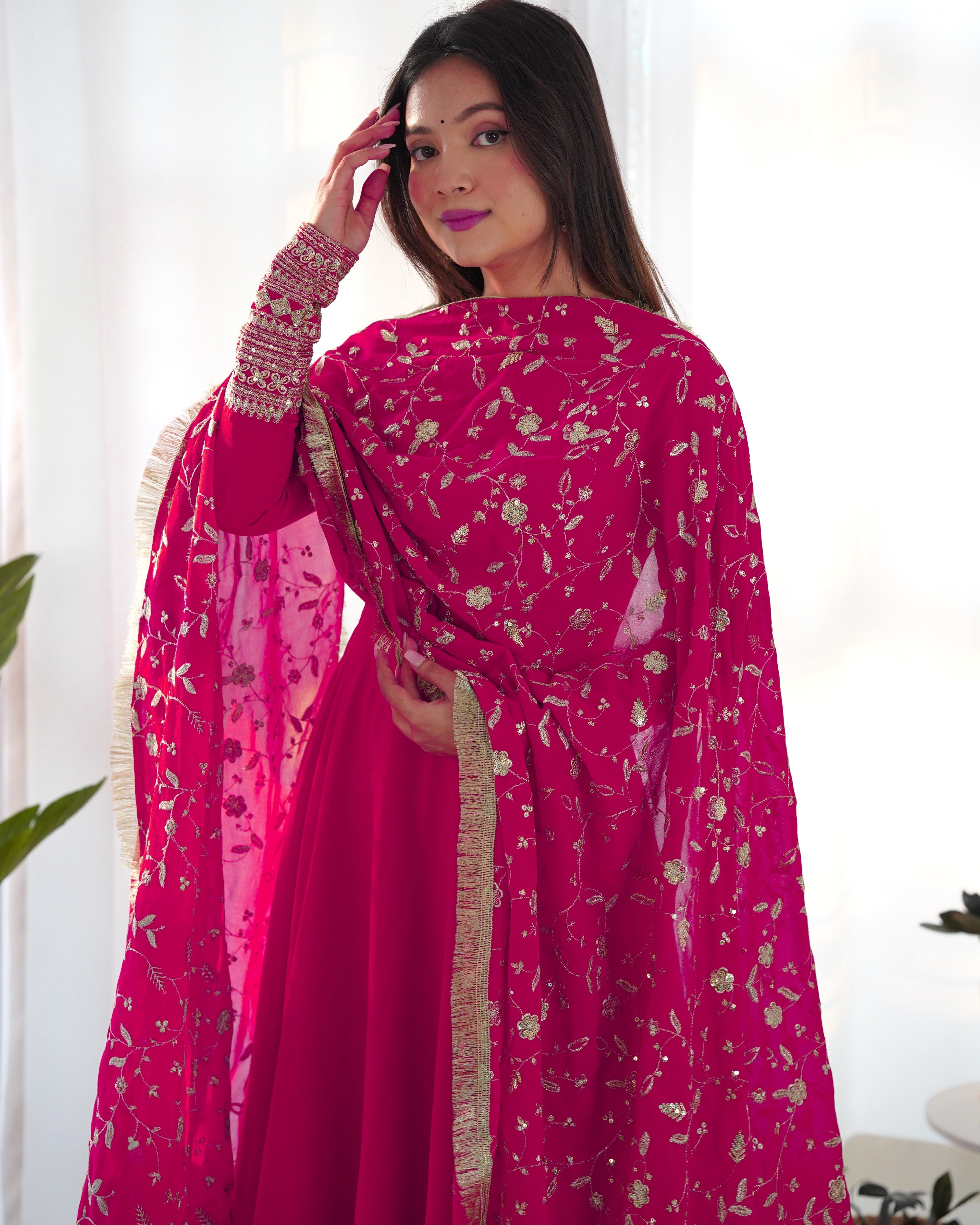 Function Wear Rani Pink Color Soft Georgette Anarkali Gown