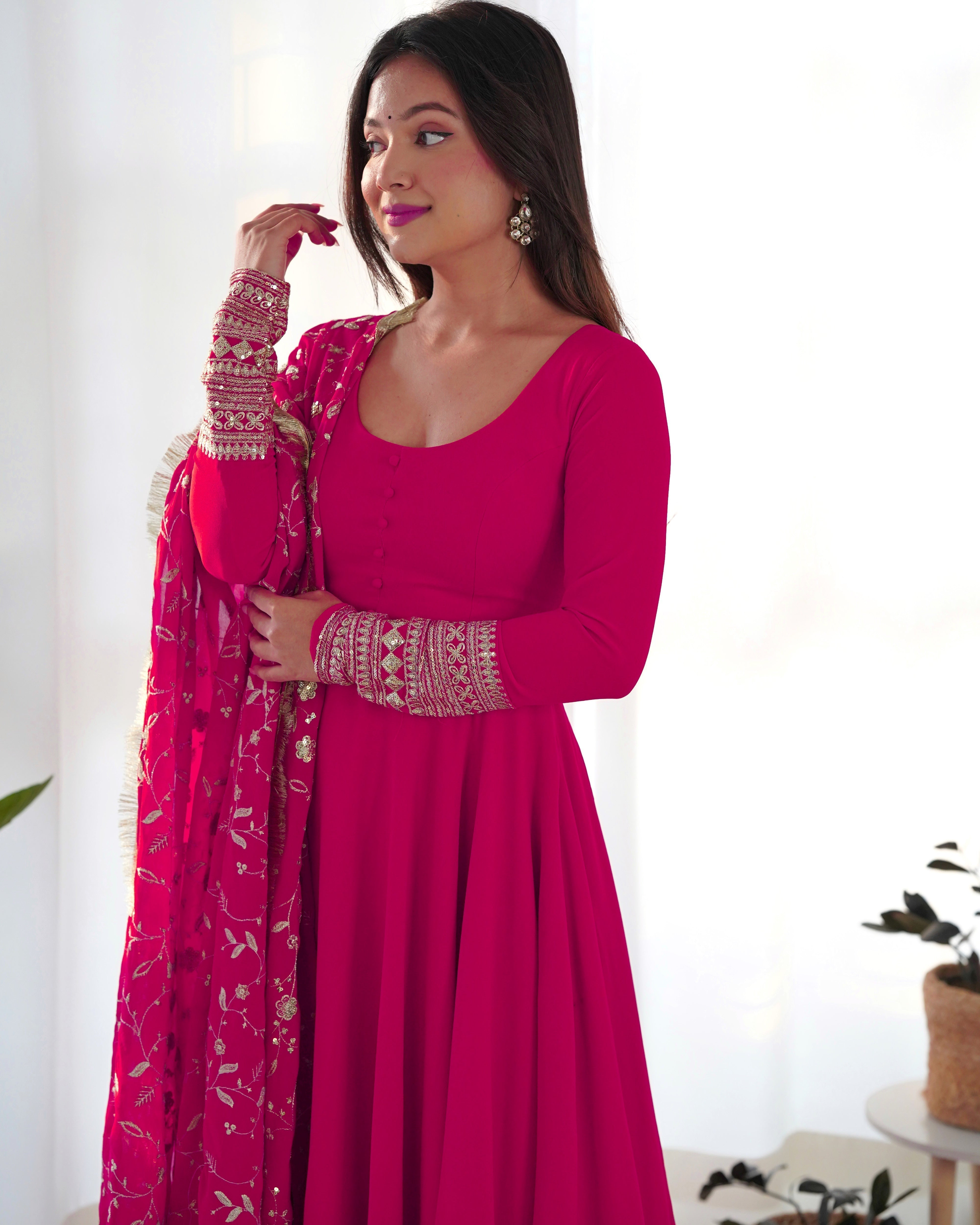 Function Wear Rani Pink Color Soft Georgette Anarkali Gown