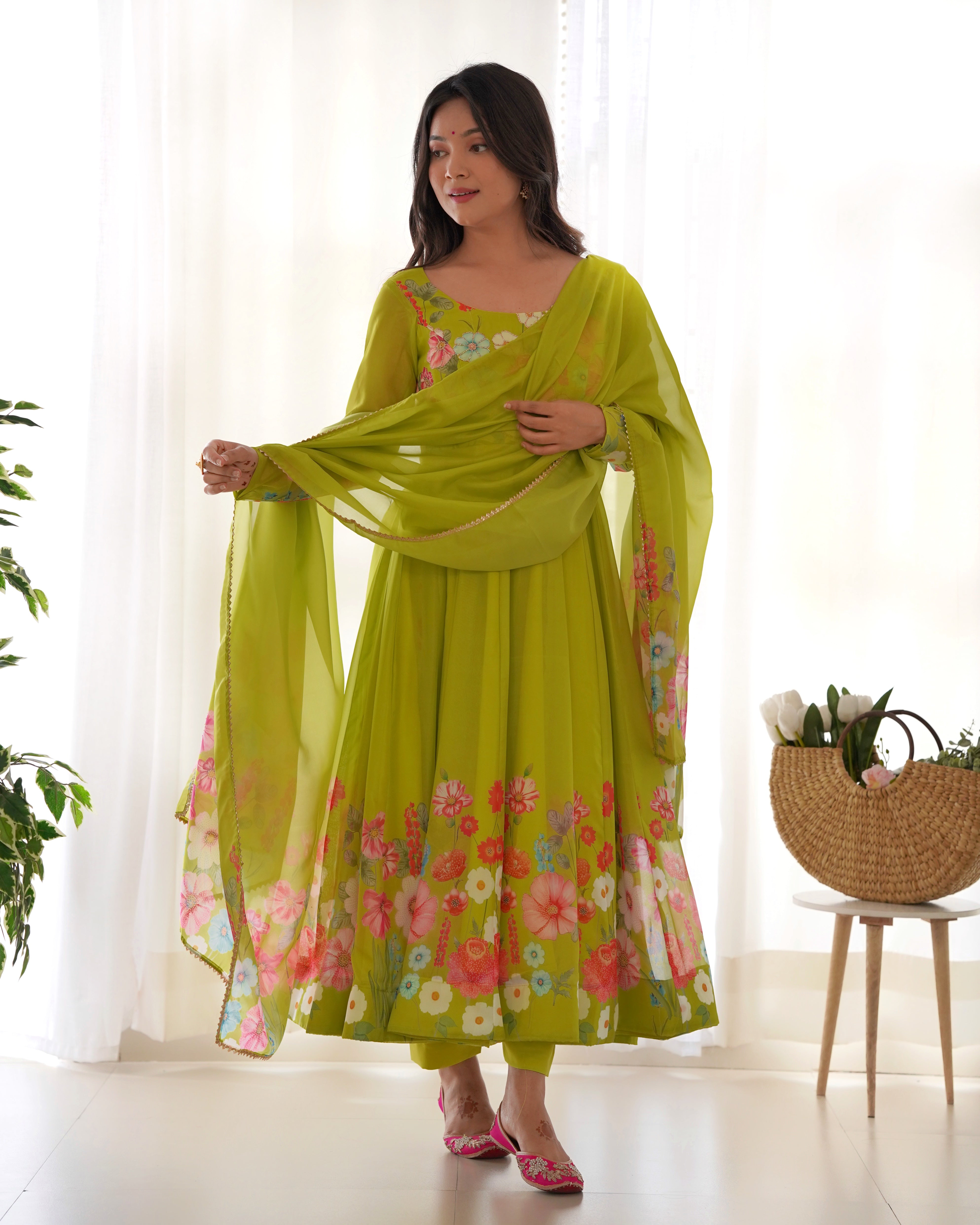 Festive Ethereal Charm Soft Floral Organza Anarkali With Dupatta And Pant