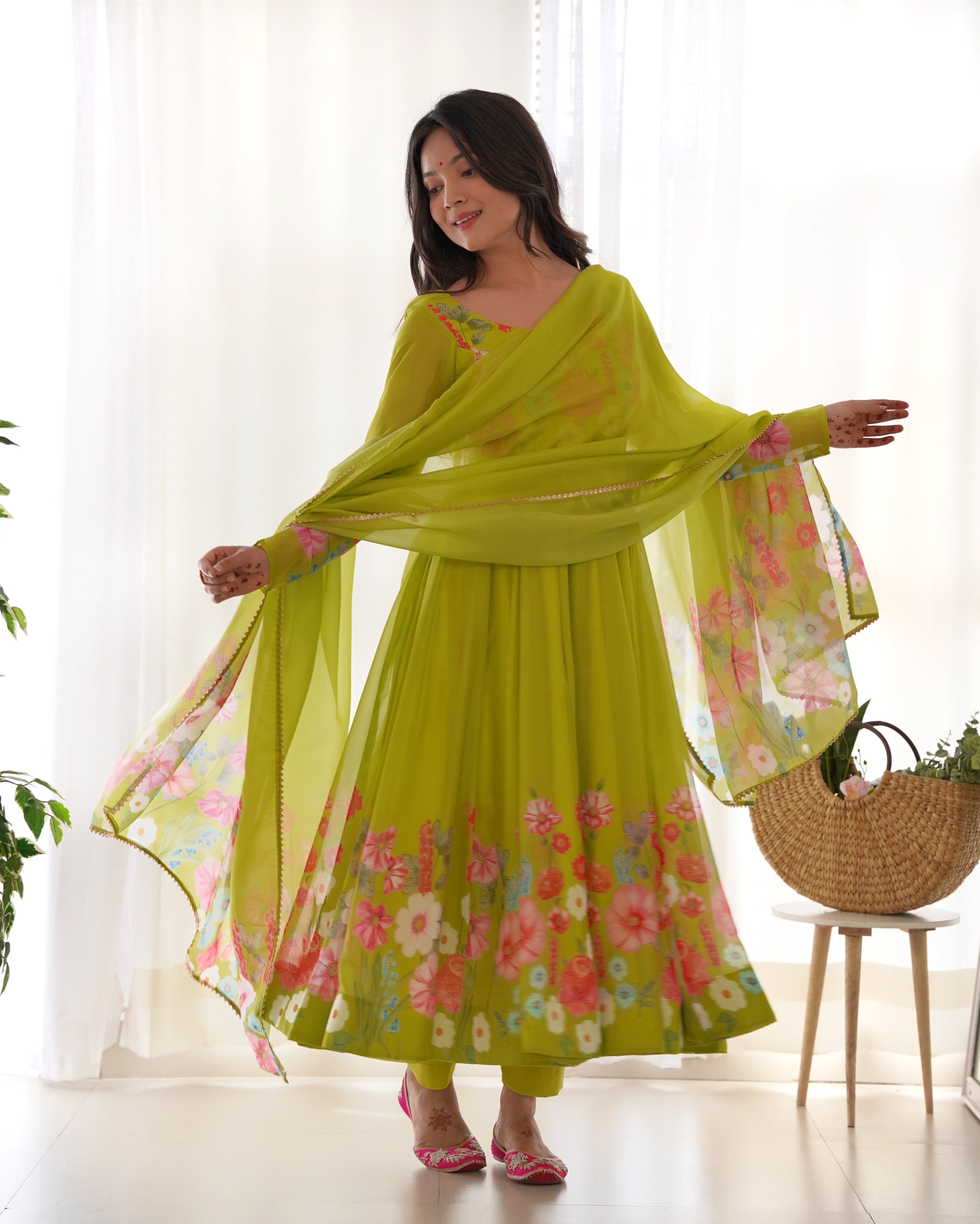 Festive Ethereal Charm Soft Floral Organza Anarkali With Dupatta And Pant