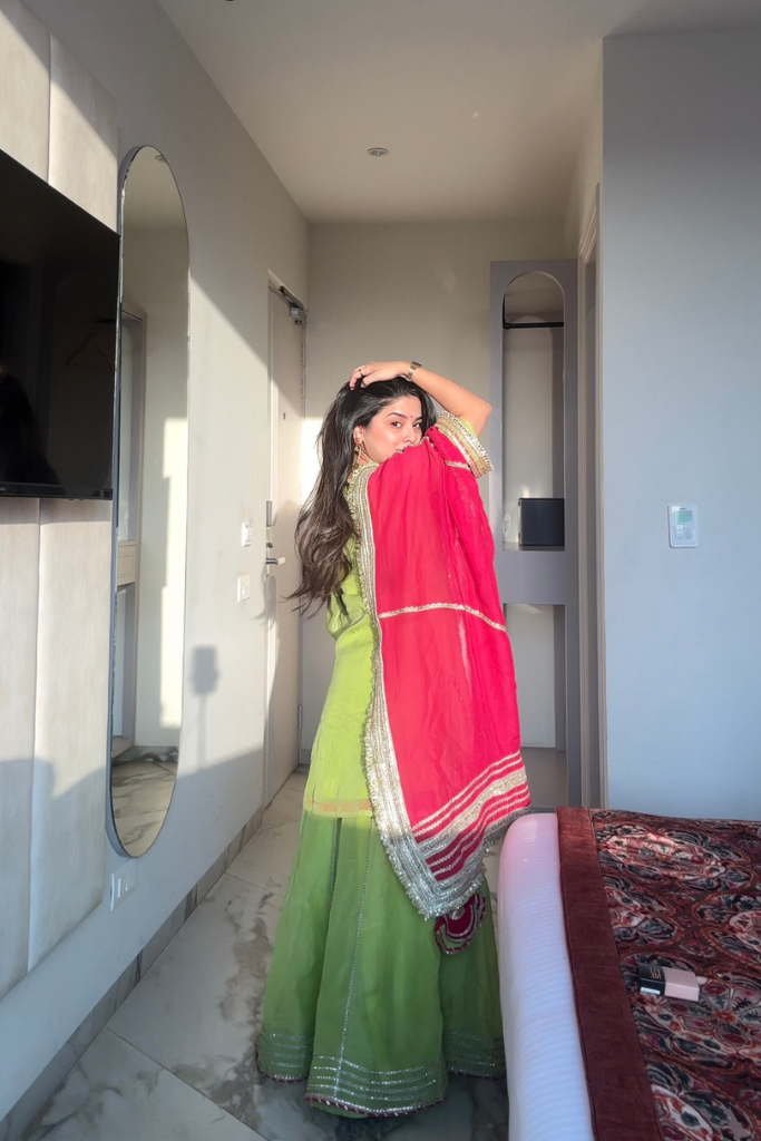 Festive Wear Parrot Color Palazzo Suit – Luxury Thread & Sequins Embroidery