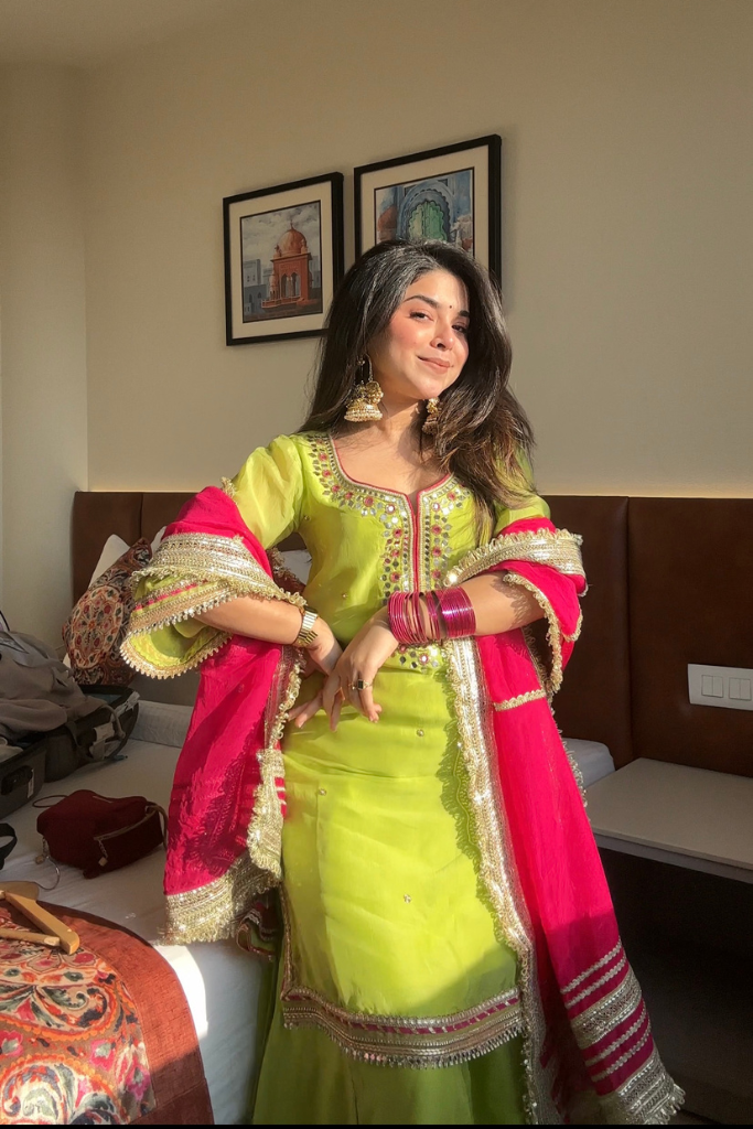 Festive Wear Parrot Color Palazzo Suit – Luxury Thread & Sequins Embroidery