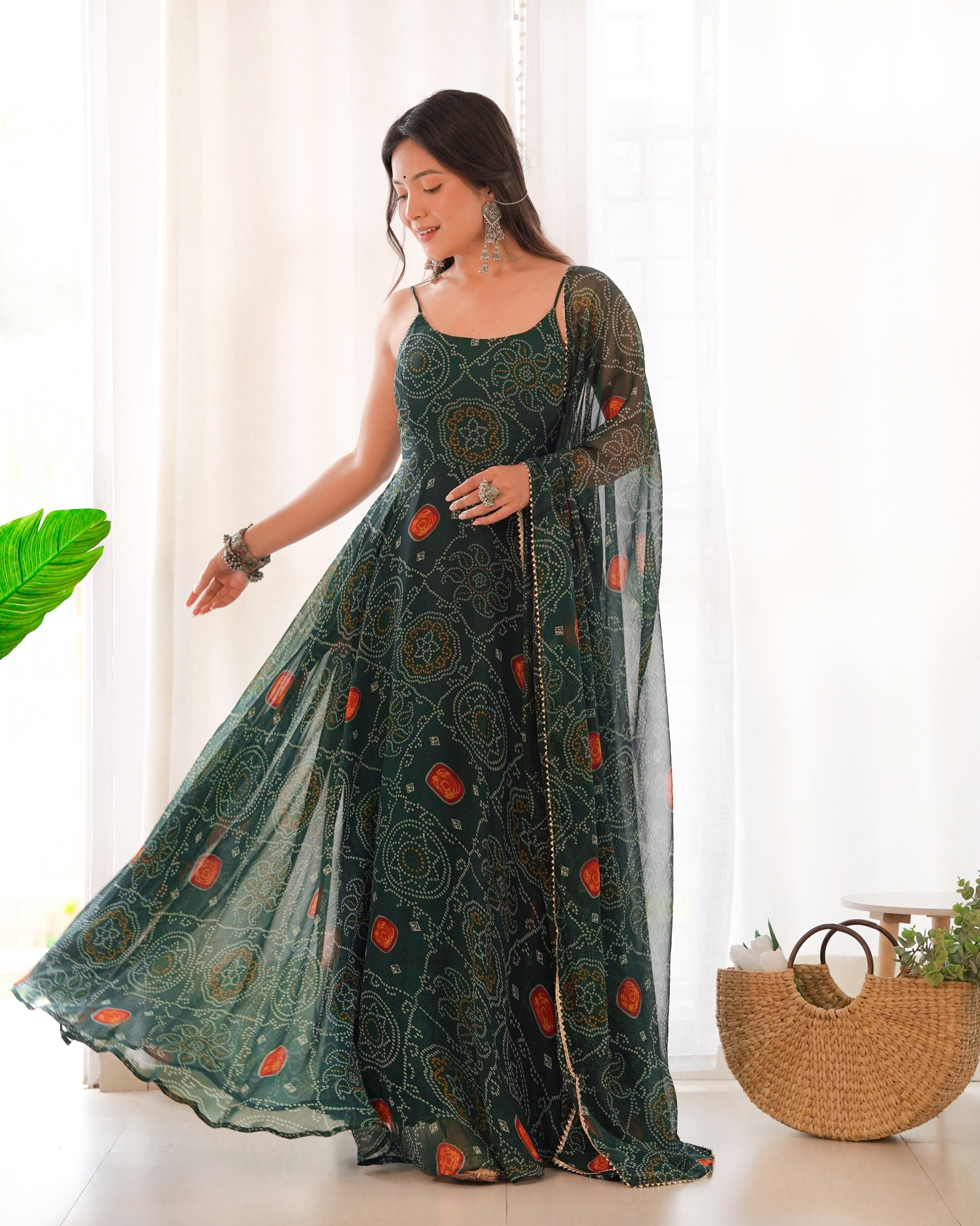 Function Wear Chic Chiffon Charm Bandhej Print Anarkali Gown