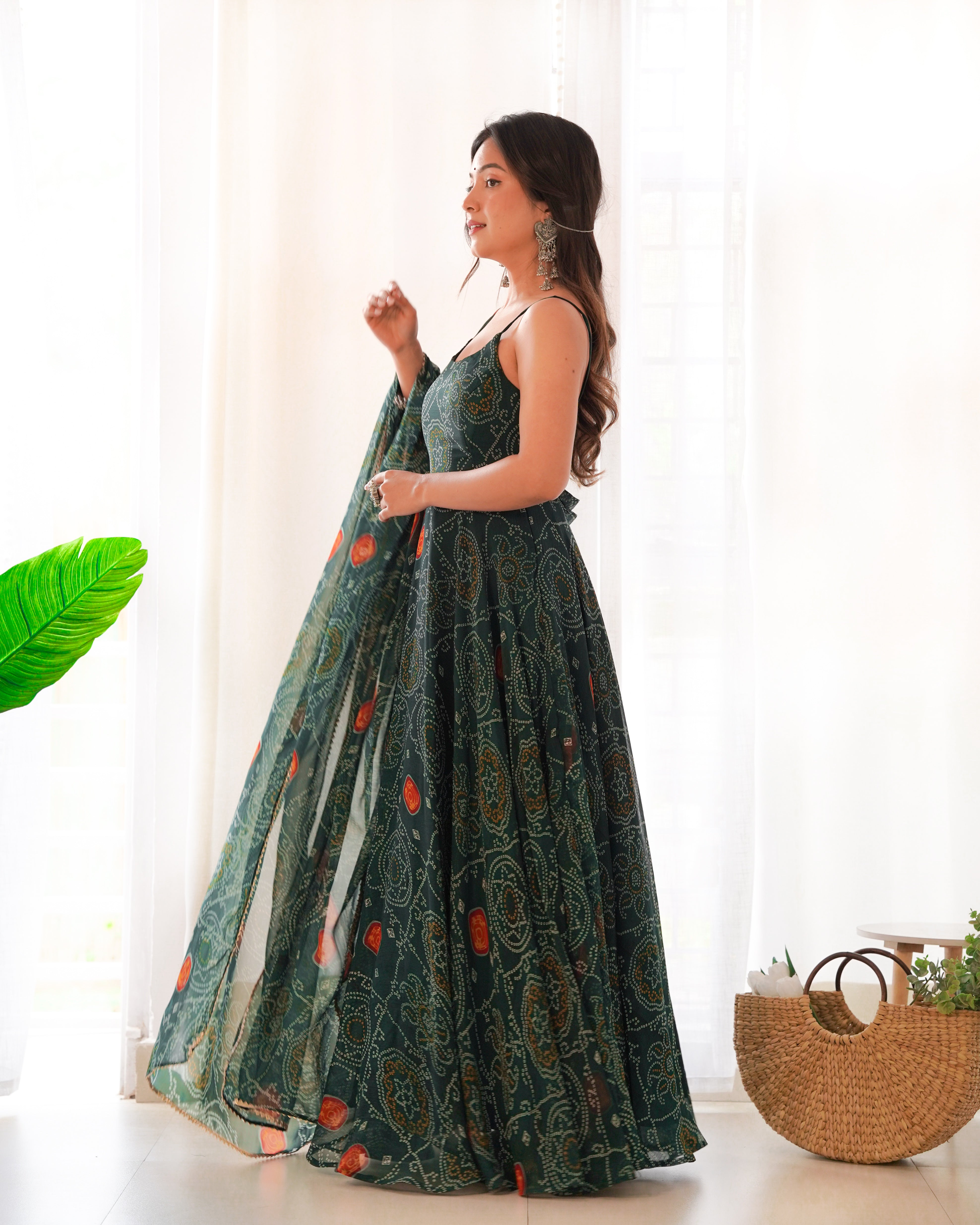 Function Wear Chic Chiffon Charm Bandhej Print Anarkali Gown