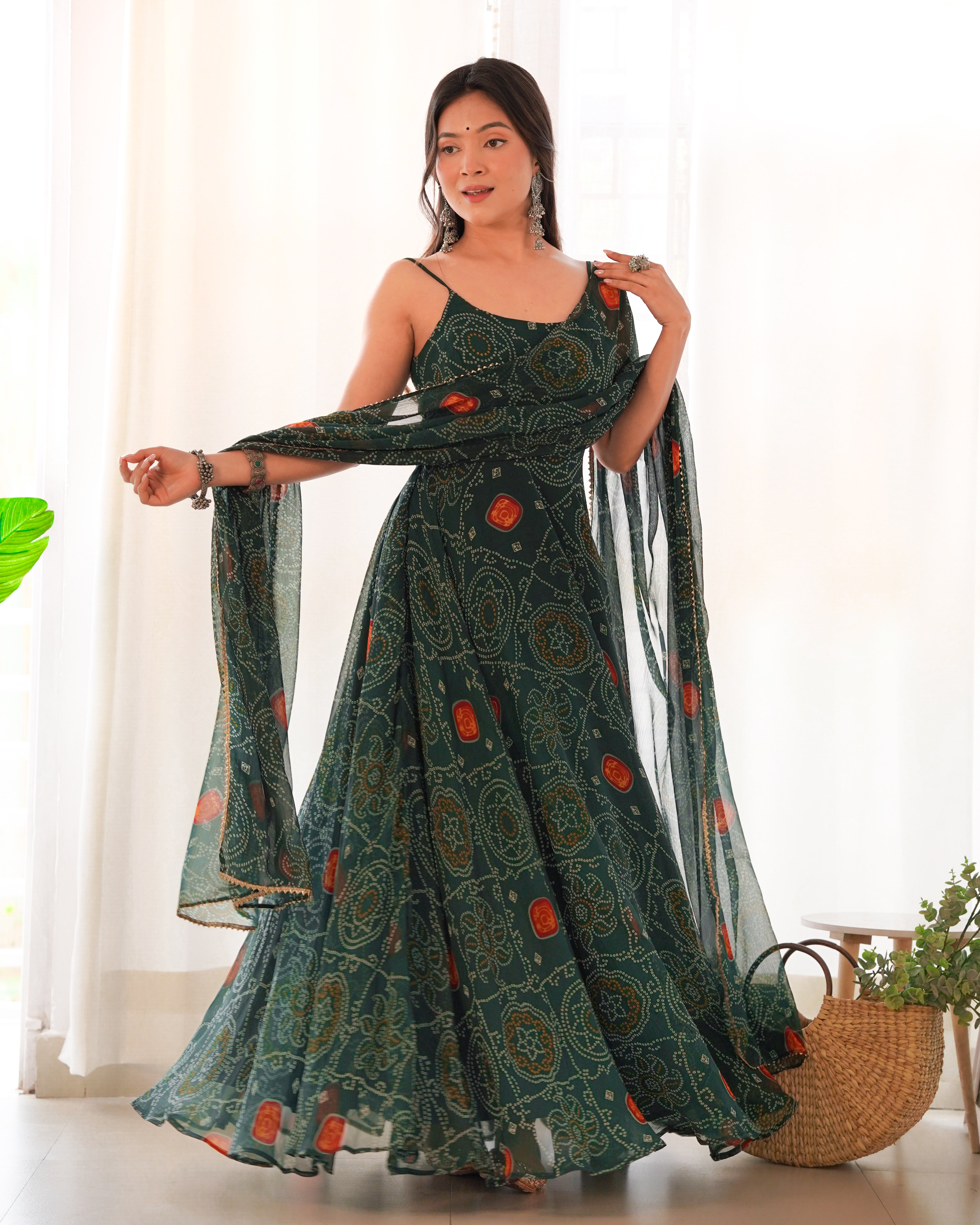 Function Wear Chic Chiffon Charm Bandhej Print Anarkali Gown