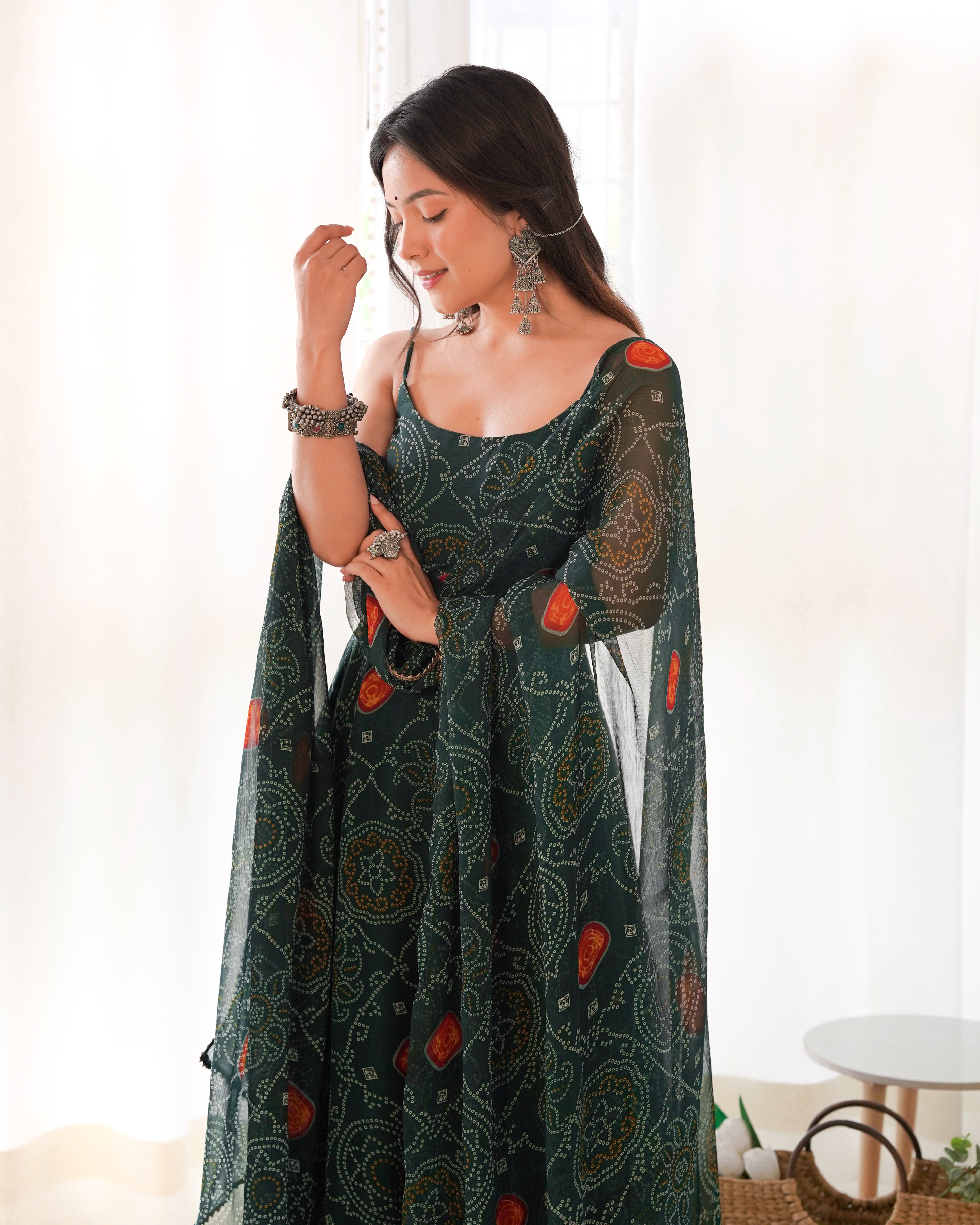 Function Wear Chic Chiffon Charm Bandhej Print Anarkali Gown