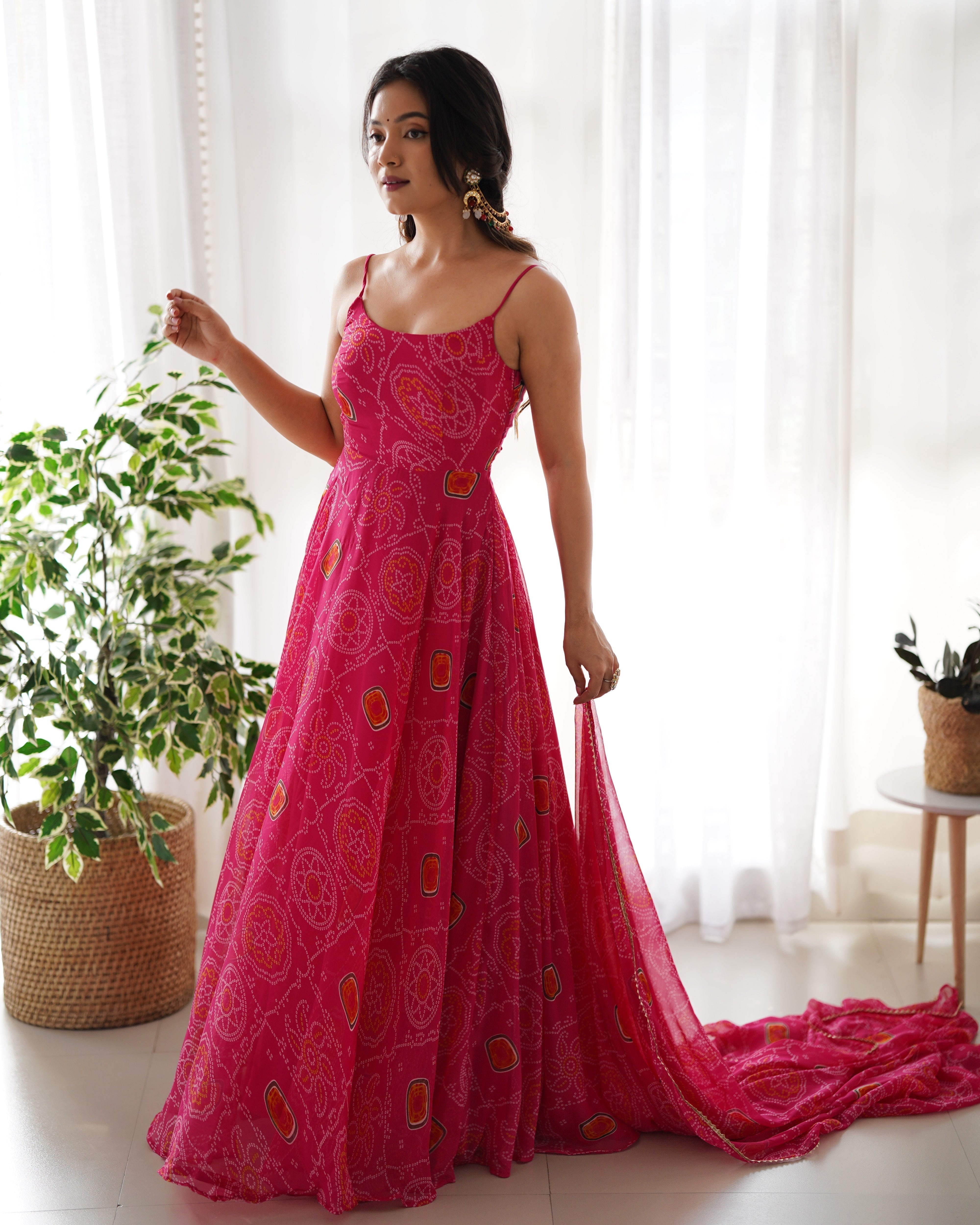 Function Wear Chic Chiffon Charm Bandhej Print Anarkali Gown