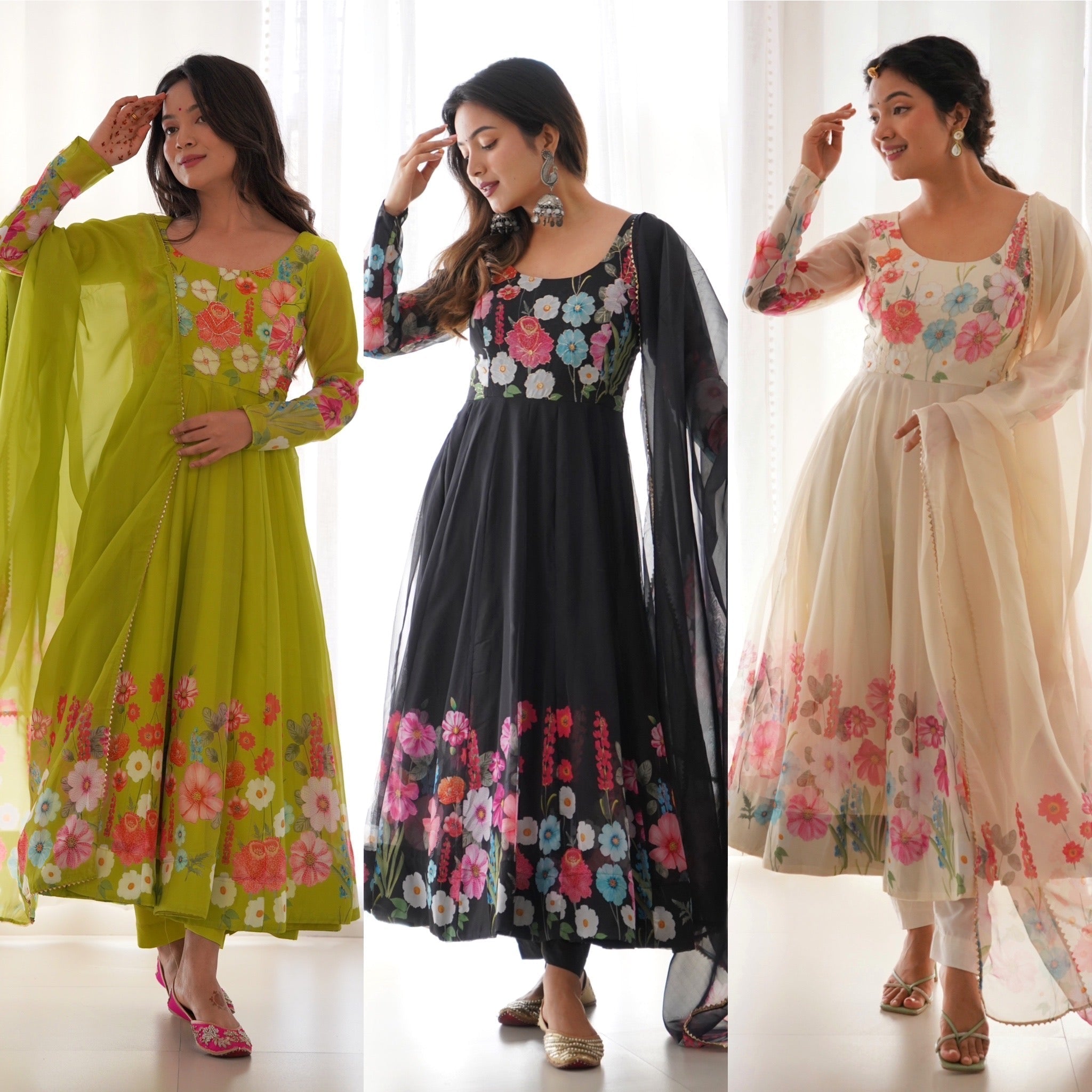 Festive Ethereal Charm Soft Floral Organza Anarkali With Dupatta And Pant