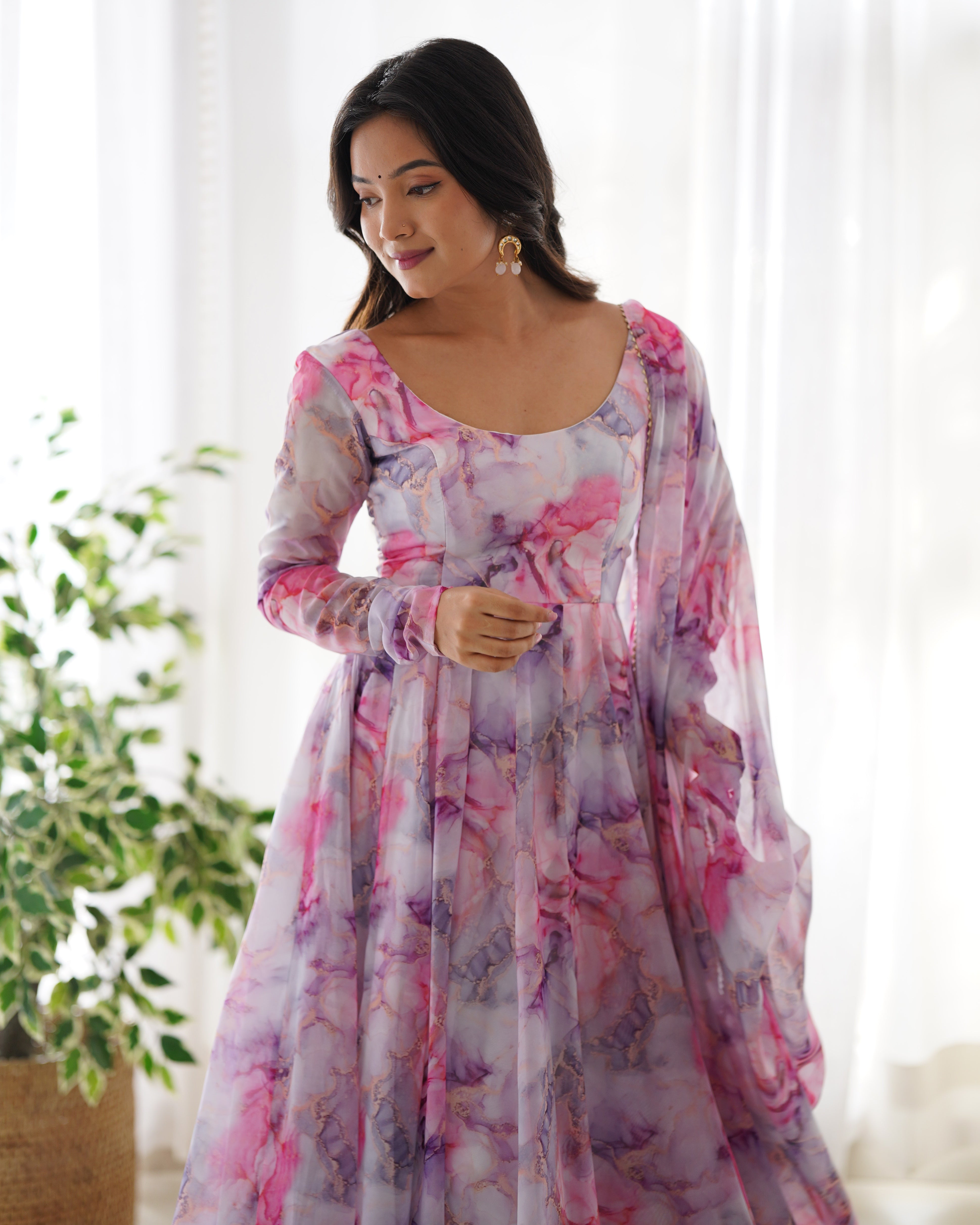 Festive Flux Organza Silk Floral Printed Anarkali Kurti Set