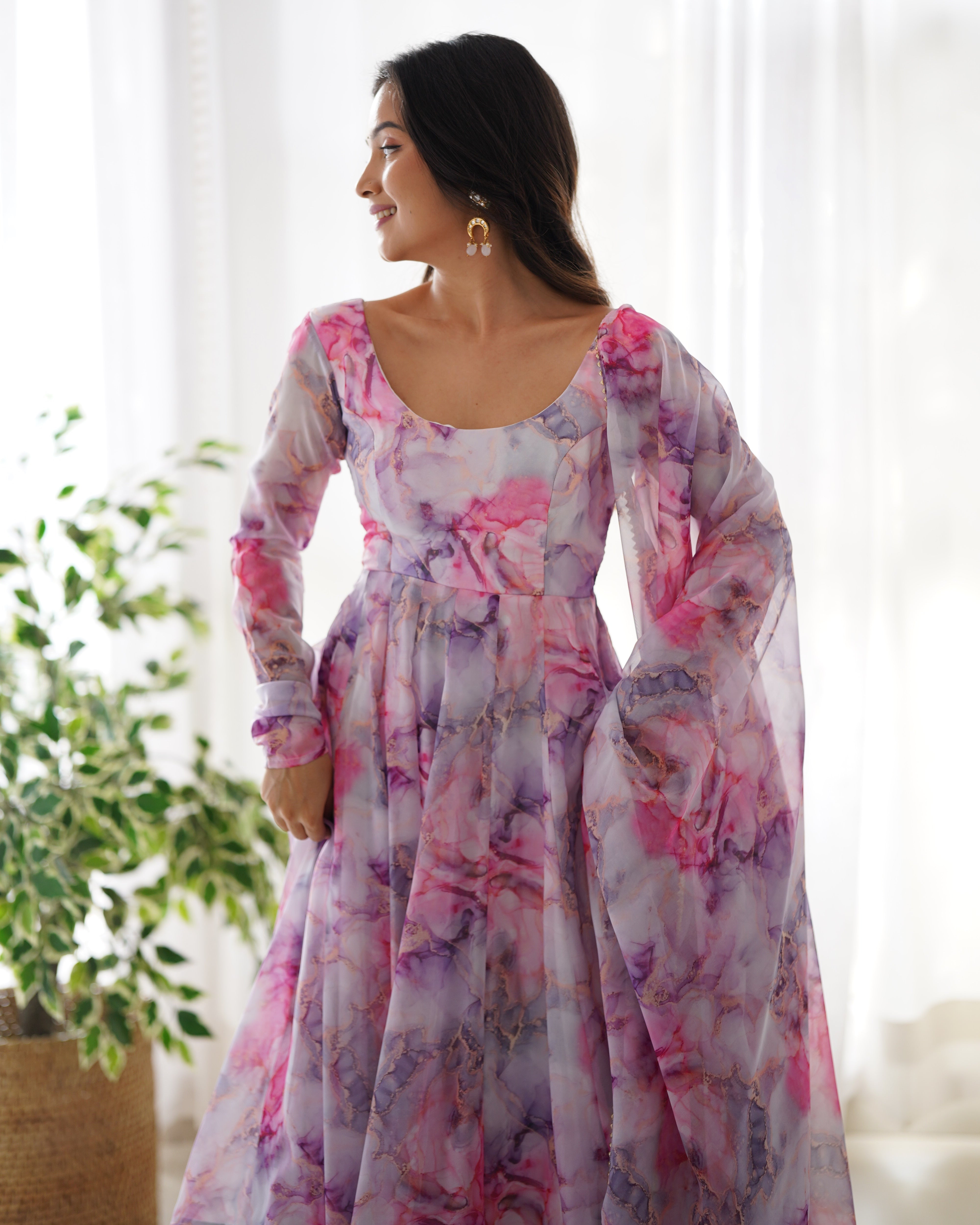 Festive Flux Organza Silk Floral Printed Anarkali Kurti Set