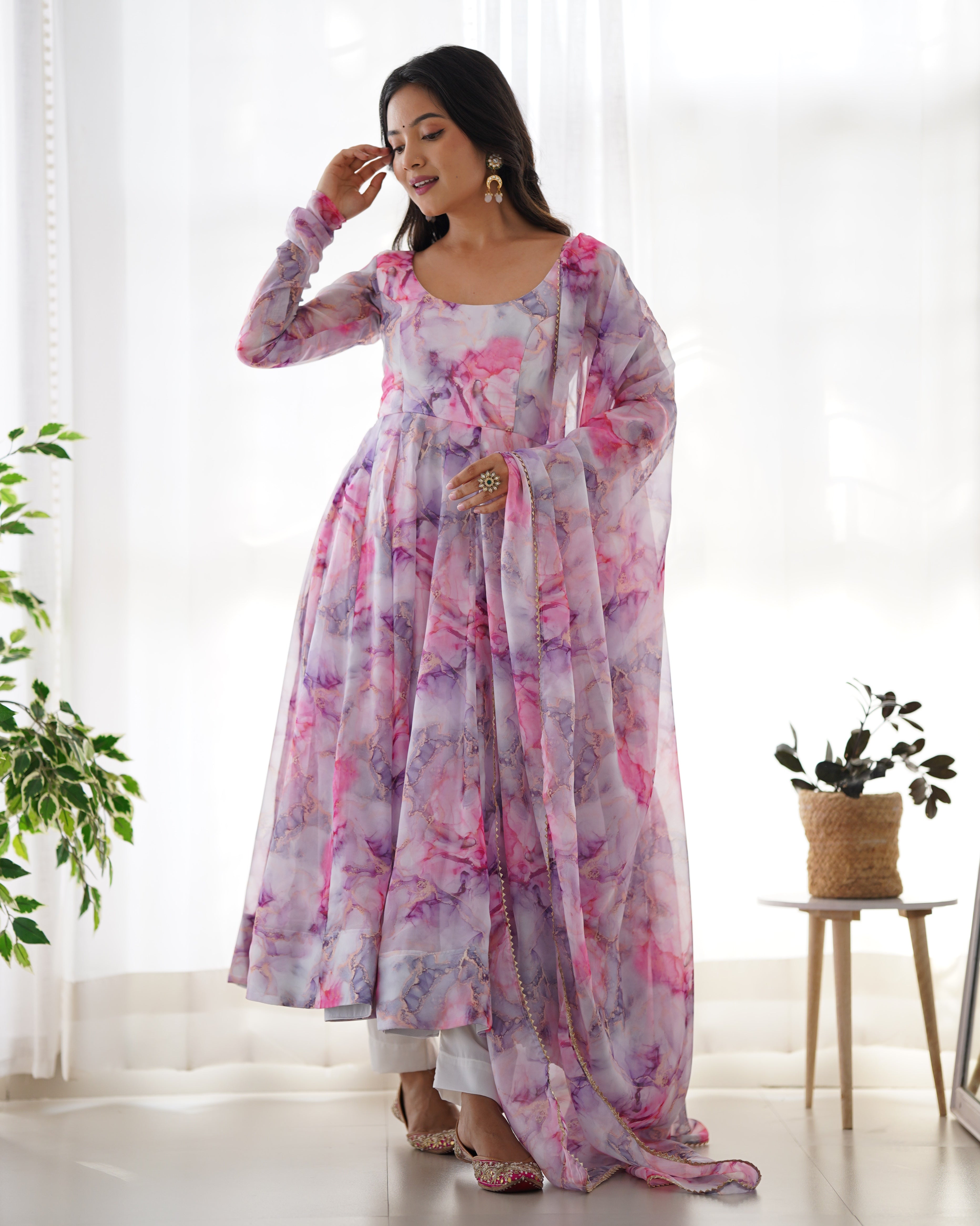 Festive Flux Organza Silk Floral Printed Anarkali Kurti Set