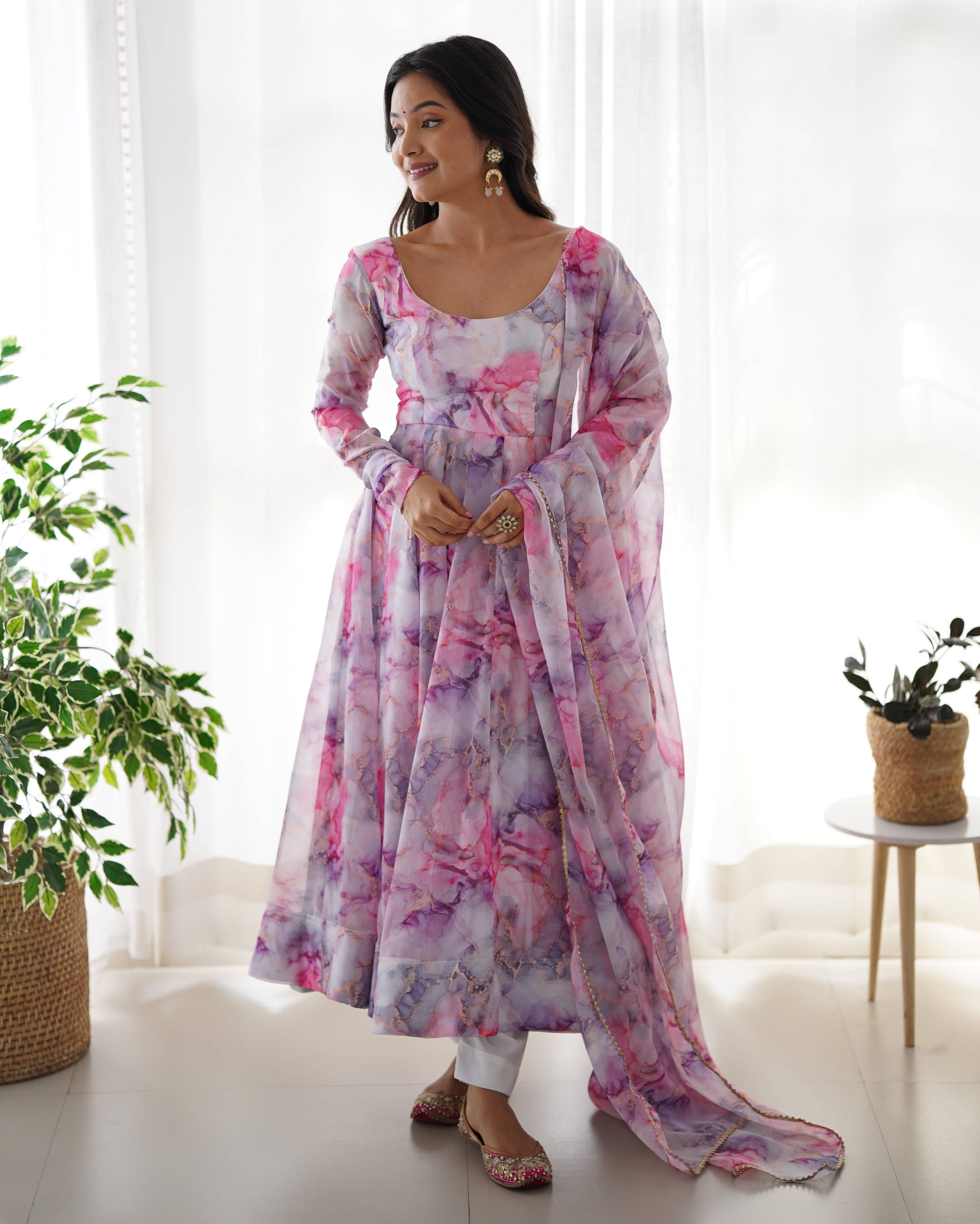Festive Flux Organza Silk Floral Printed Anarkali Kurti Set