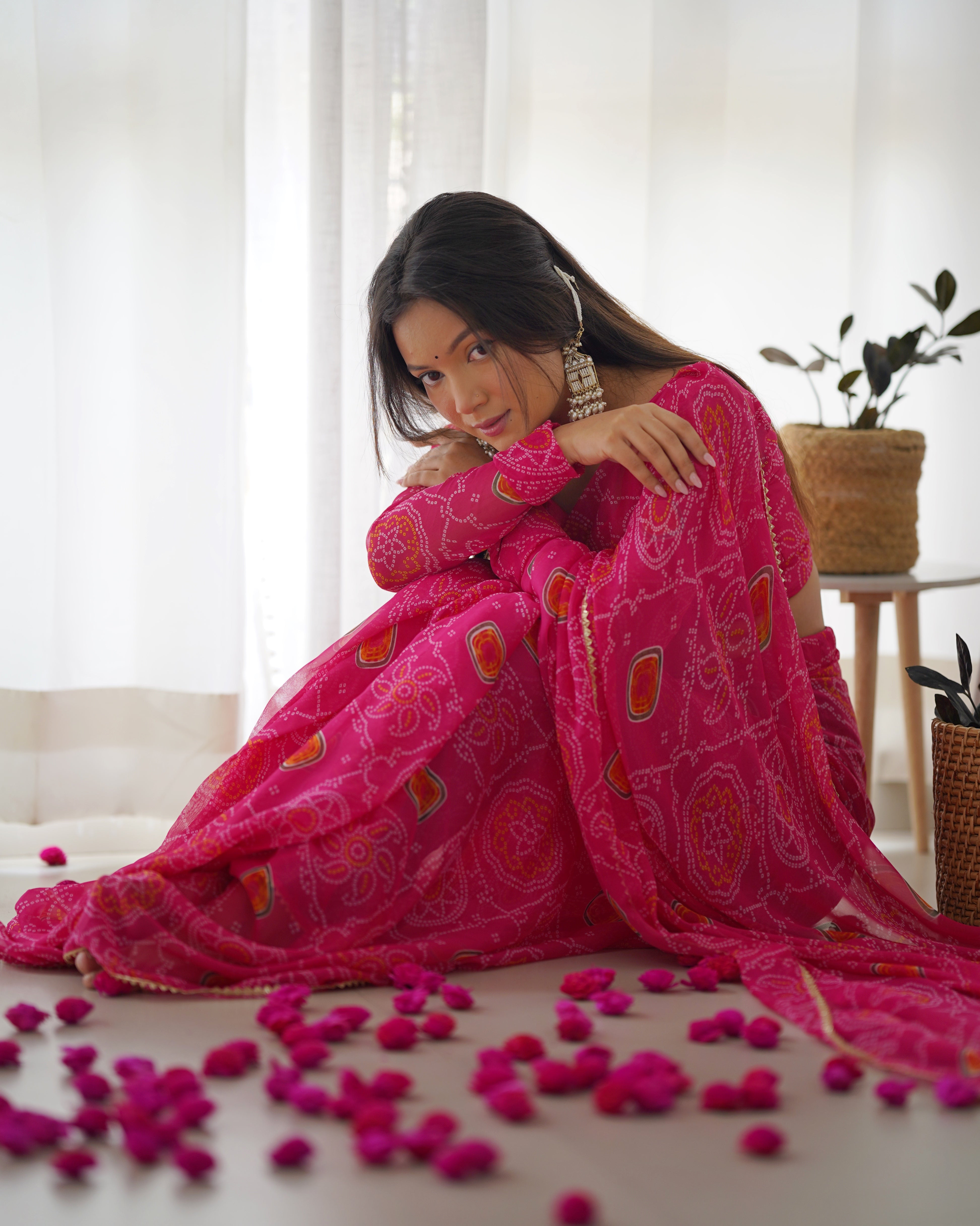 Pink Pure Soft Chiffon Bandhej Printed Ready To Wear Saree - INDIAN ELEGANCE