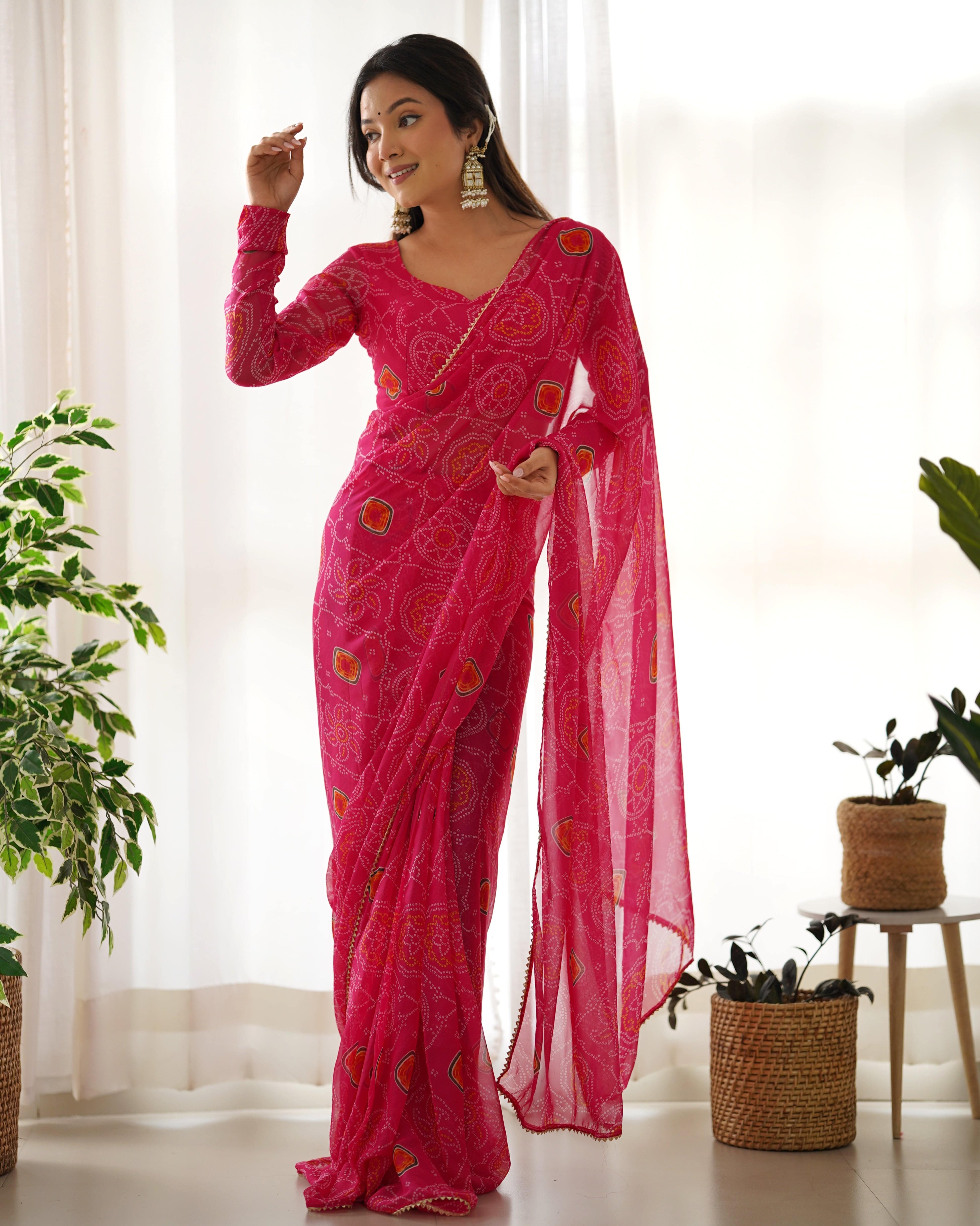 Pink Pure Soft Chiffon Bandhej Printed Ready To Wear Saree - INDIAN ELEGANCE