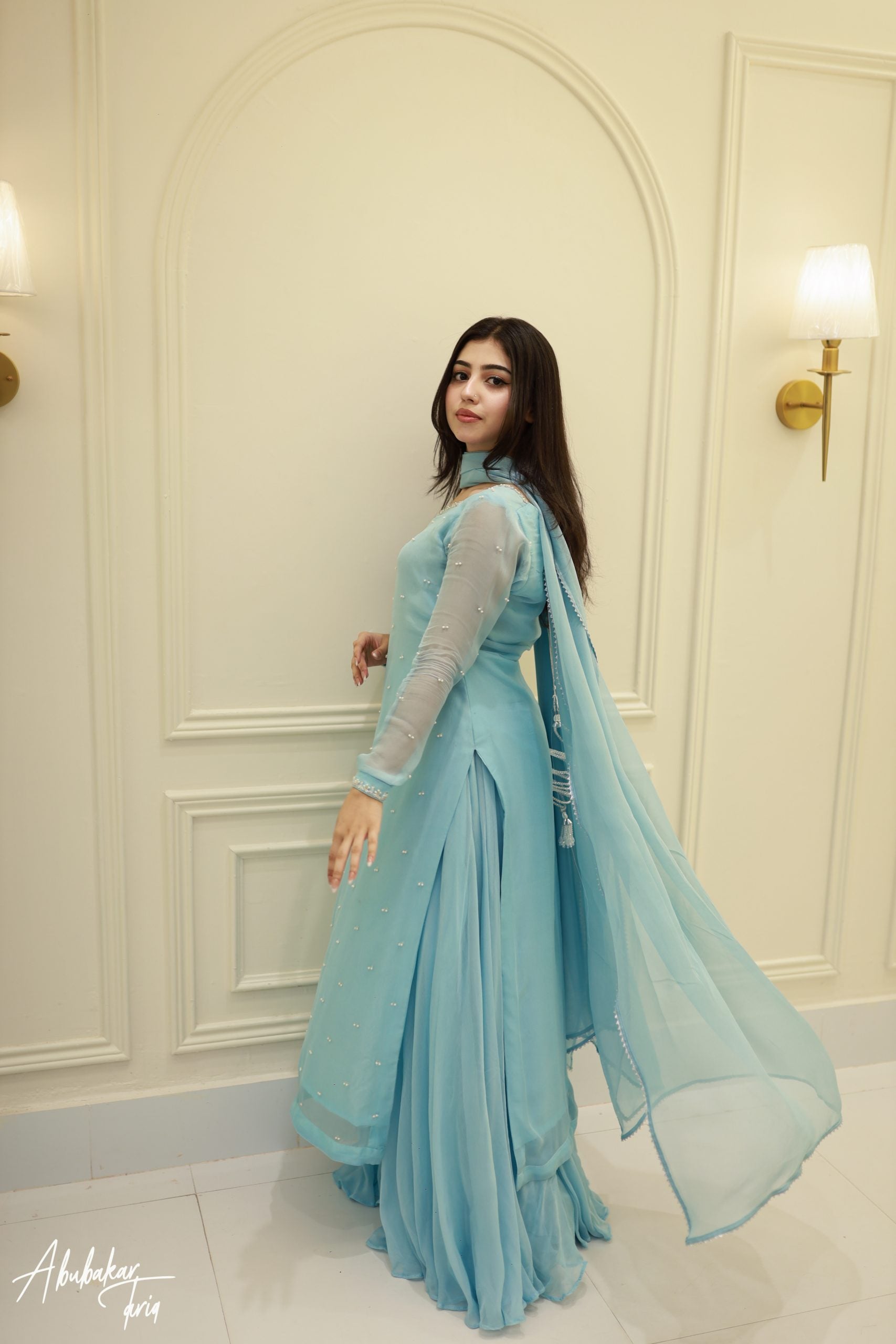 Party Wear Sky Blue Kurta Sharara Set With Dupatta