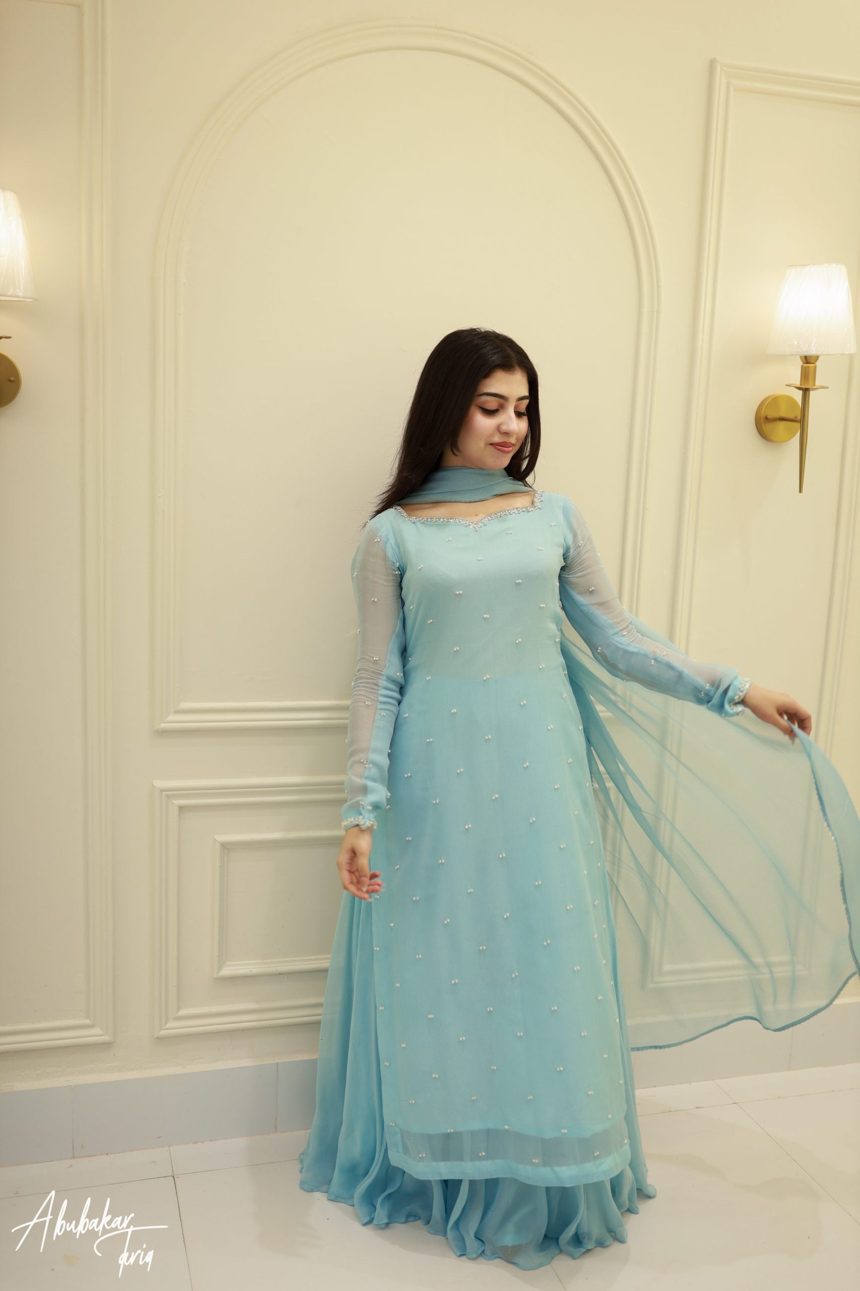 Party Wear Sky Blue Kurta Sharara Set With Dupatta