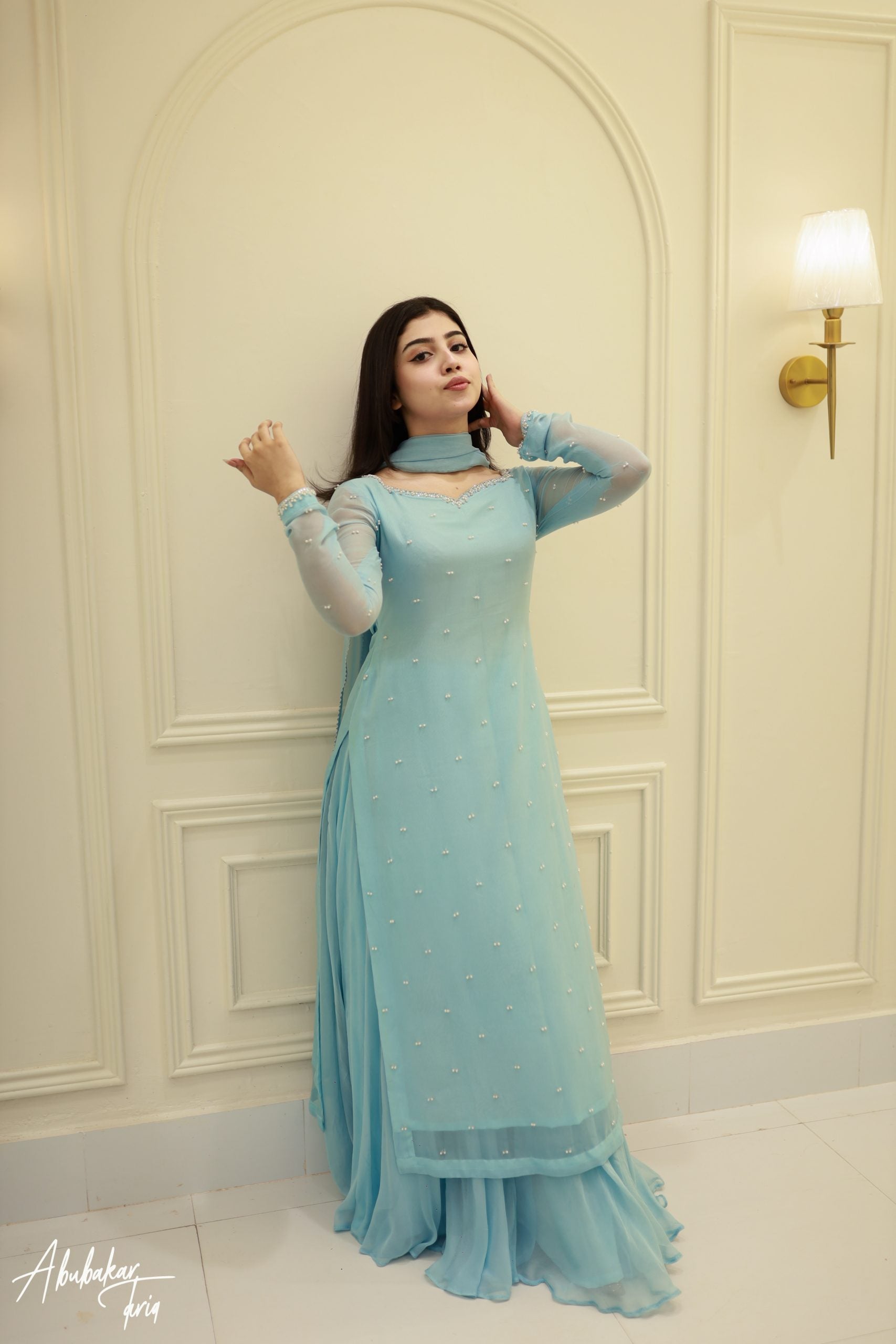 Party Wear Sky Blue Kurta Sharara Set With Dupatta