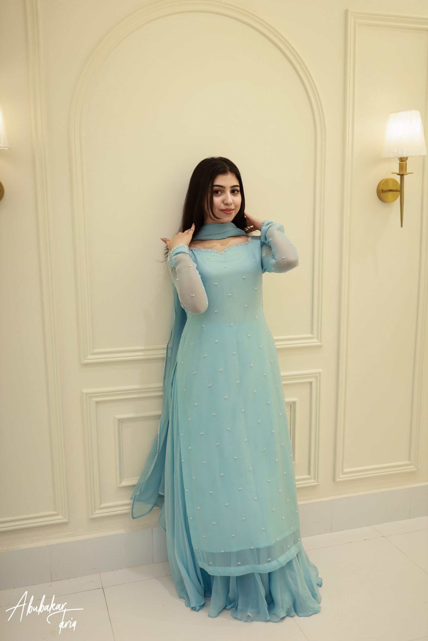 Party Wear Sky Blue Kurta Sharara Set With Dupatta
