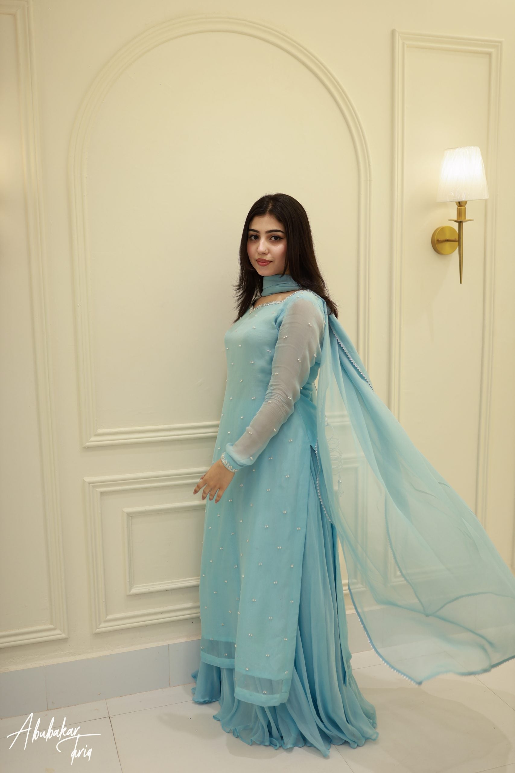 Party Wear Sky Blue Kurta Sharara Set With Dupatta