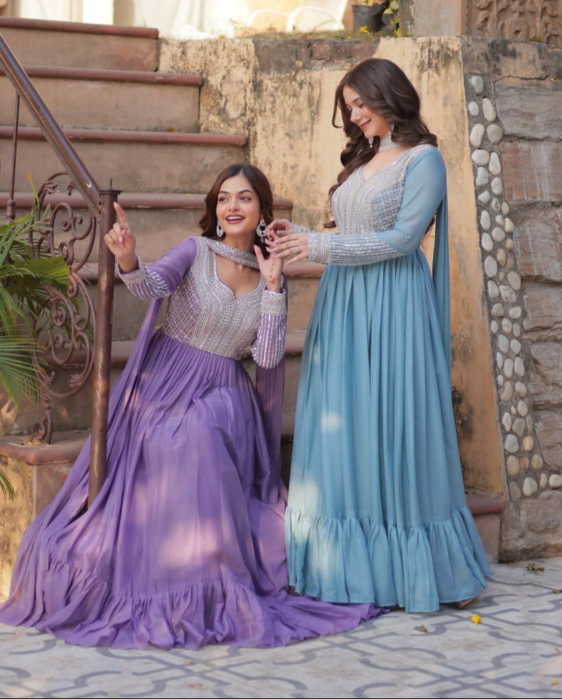 Exquisite Georgette Embroidered Beads Sequins Worked Gown With Dupatta - Ethnicwish