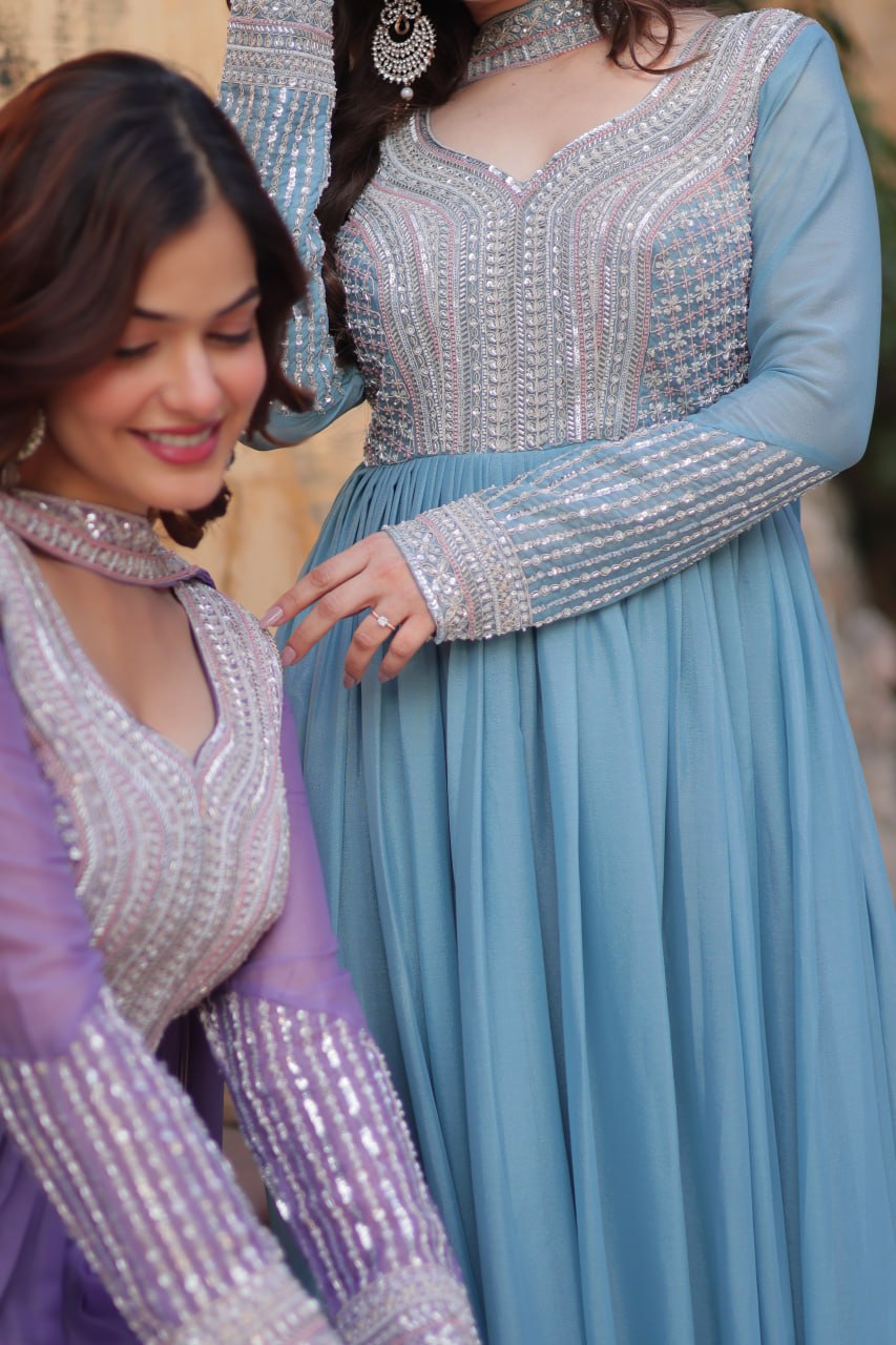 Exquisite Georgette Embroidered Beads Sequins Worked Gown With Dupatta - Ethnicwish