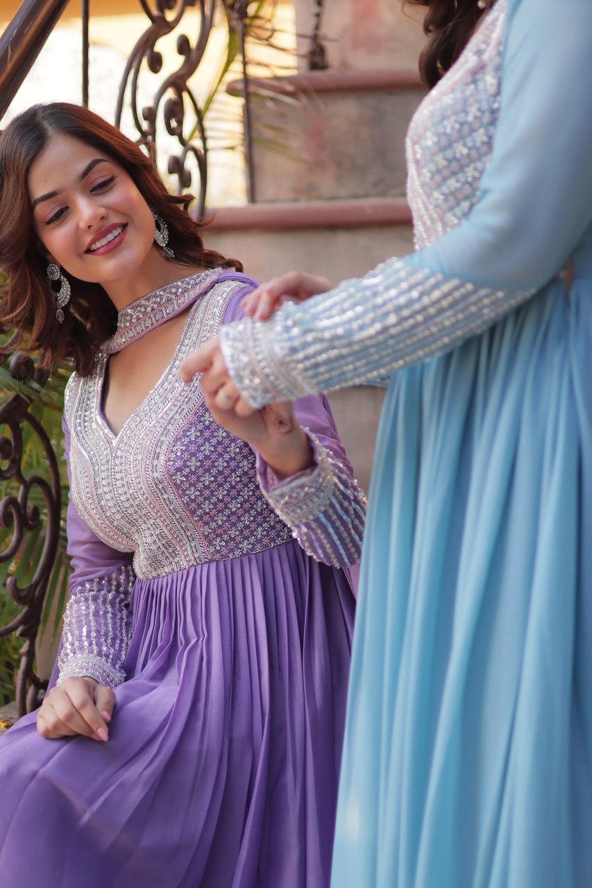 Exquisite Georgette Embroidered Beads Sequins Worked Gown With Dupatta - Ethnicwish