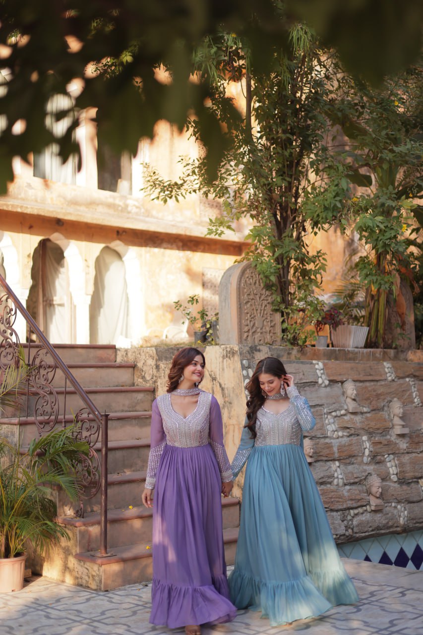 Exquisite Georgette Embroidered Beads Sequins Worked Gown With Dupatta - Ethnicwish