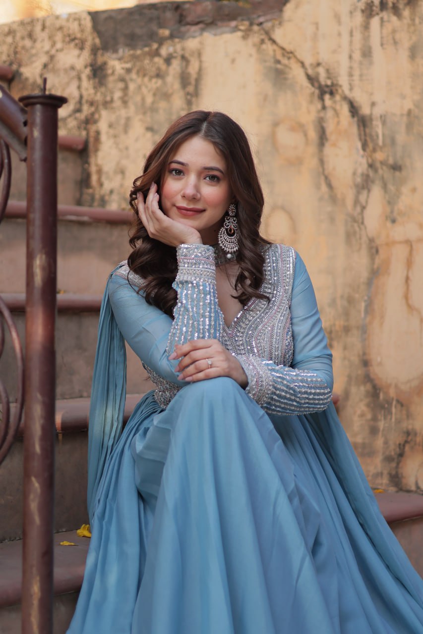 Exquisite Georgette Embroidered Beads Sequins Worked Gown With Dupatta - Ethnicwish