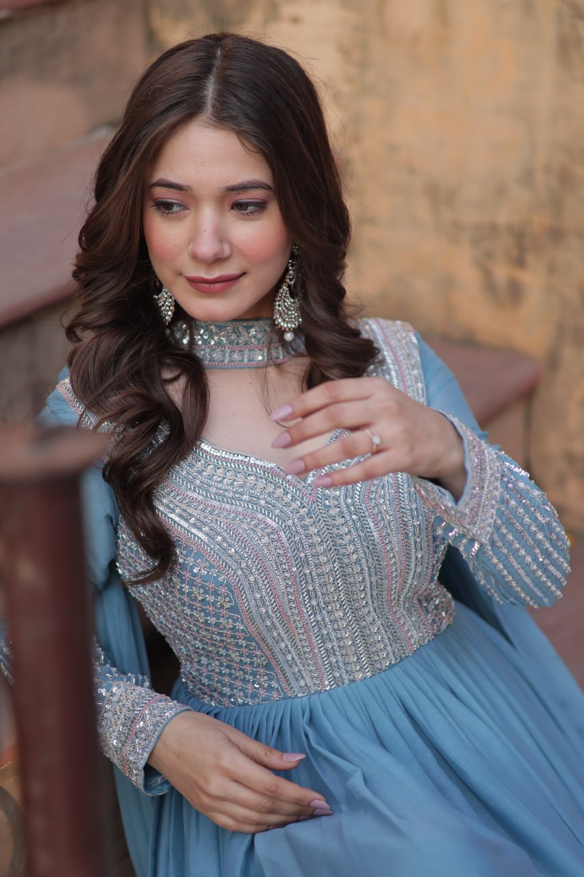 Exquisite Georgette Embroidered Beads Sequins Worked Gown With Dupatta - Ethnicwish