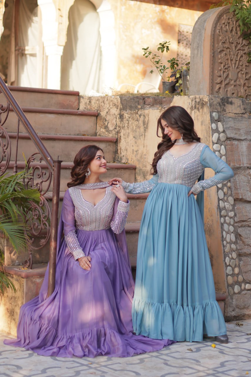 Exquisite Georgette Embroidered Beads Sequins Worked Gown With Dupatta - Ethnicwish