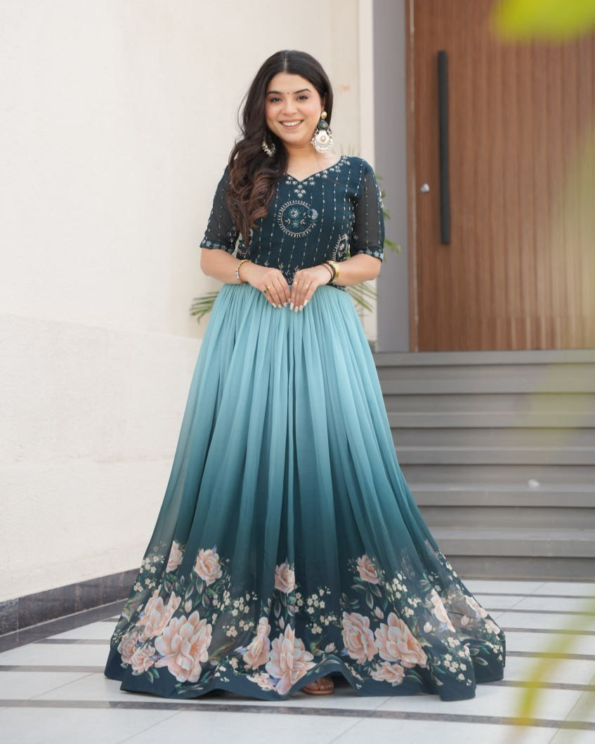 Floral Beaded Embroidered Faux Georgette Gown