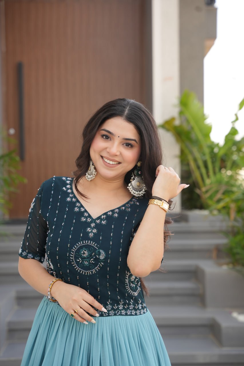 Floral Beaded Embroidered Faux Georgette Gown