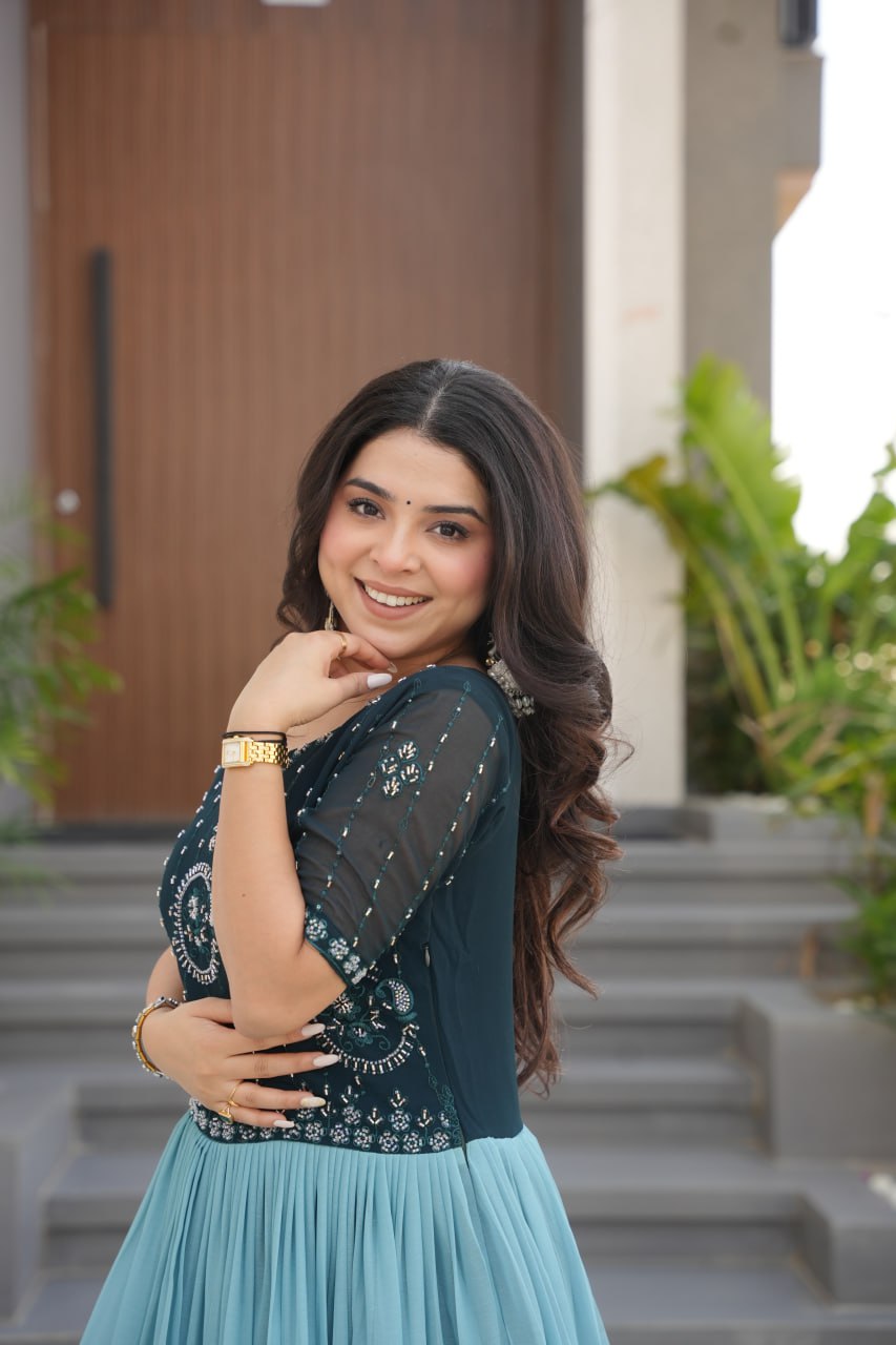 Floral Beaded Embroidered Faux Georgette Gown