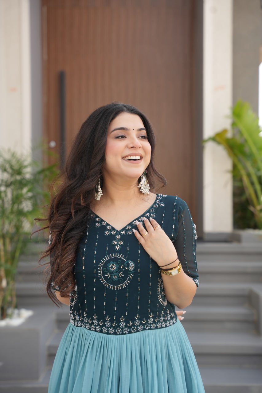 Floral Beaded Embroidered Faux Georgette Gown