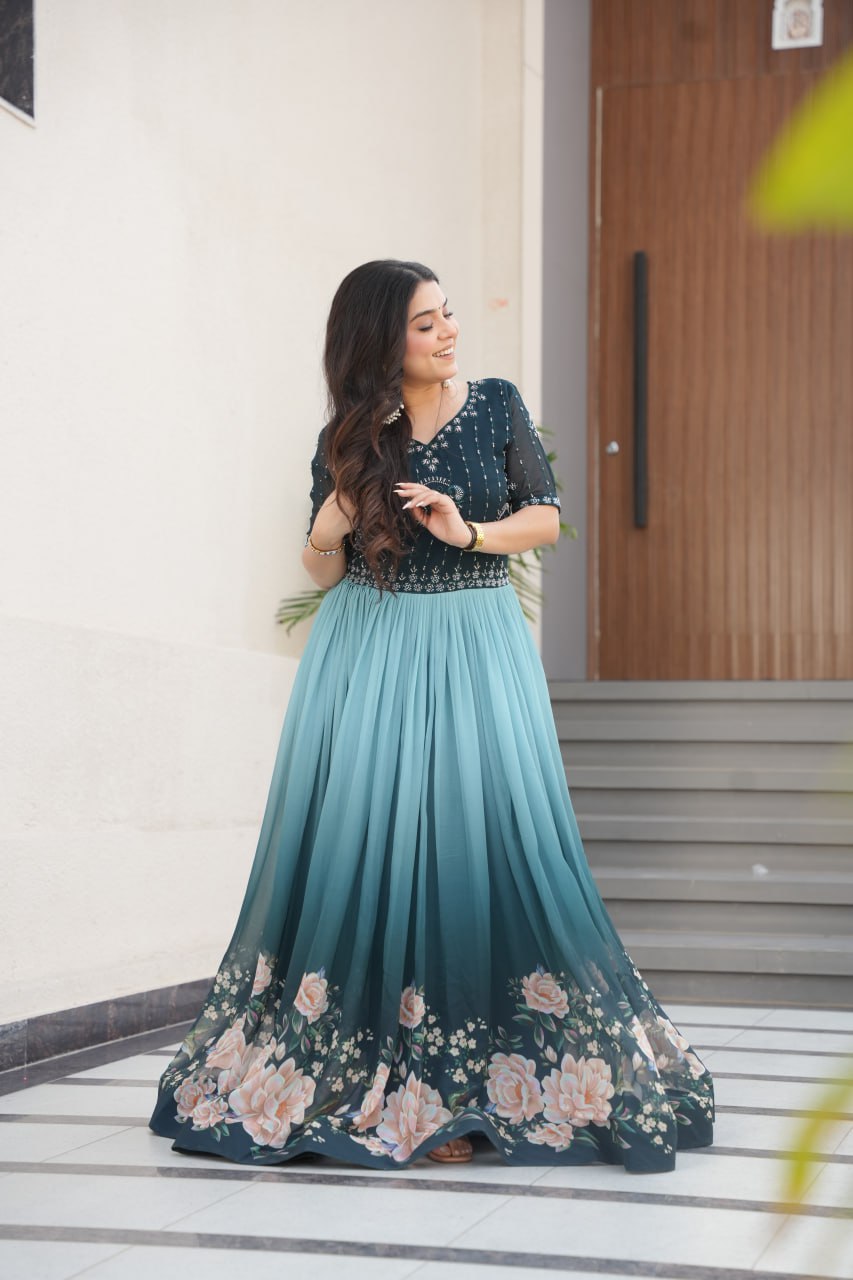 Floral Beaded Embroidered Faux Georgette Gown