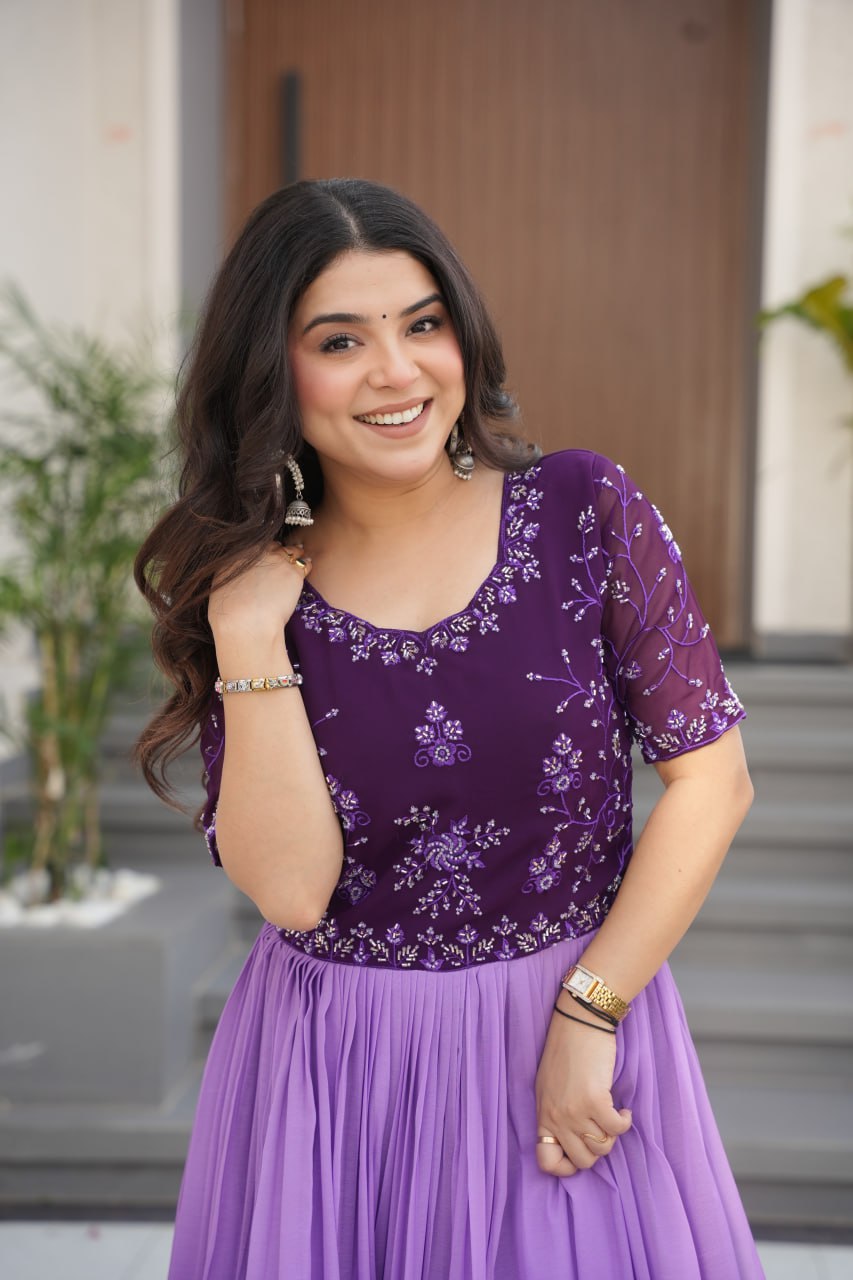 Floral Beaded Embroidered Faux Georgette Gown