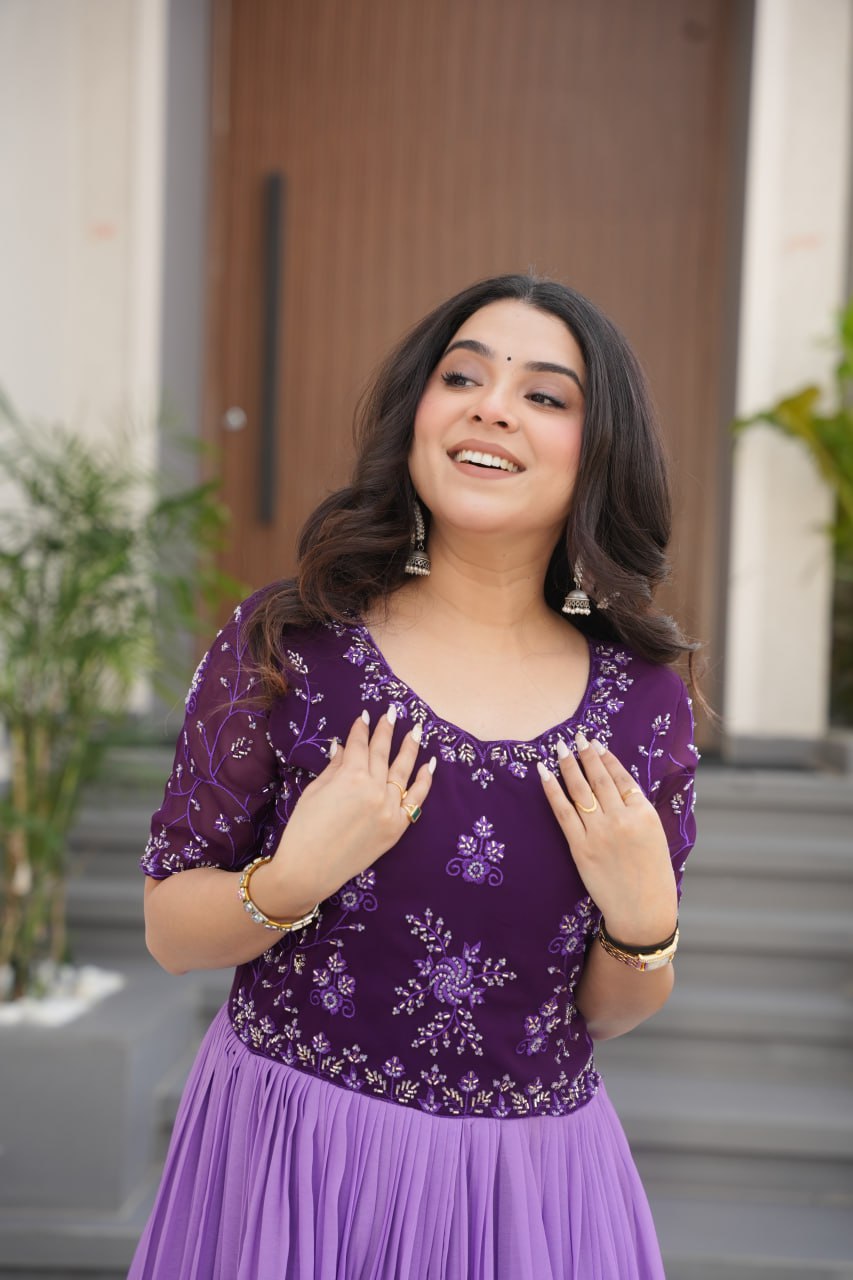 Floral Beaded Embroidered Faux Georgette Gown