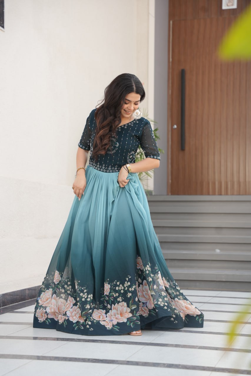 Floral Beaded Embroidered Faux Georgette Gown