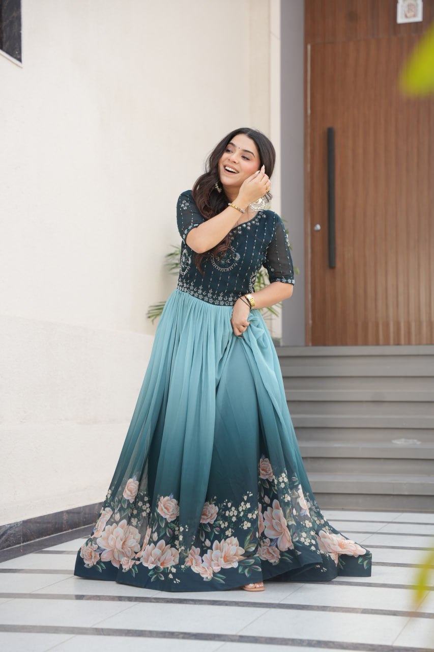 Floral Beaded Embroidered Faux Georgette Gown